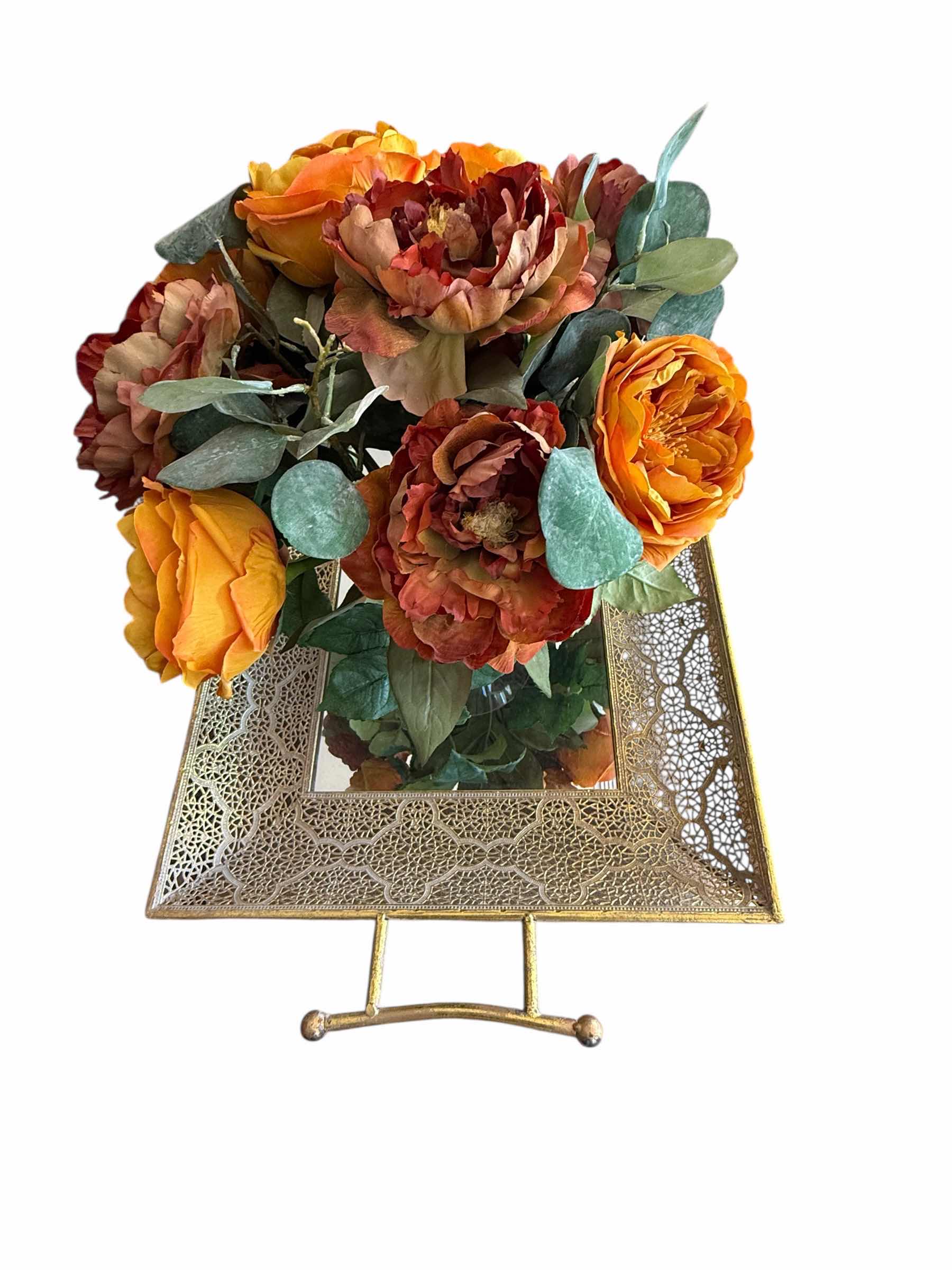 Photo 1 of GOLD MIRRORED TRAY W FAUX FLORAL ARRANGEMENT 29” x 17”