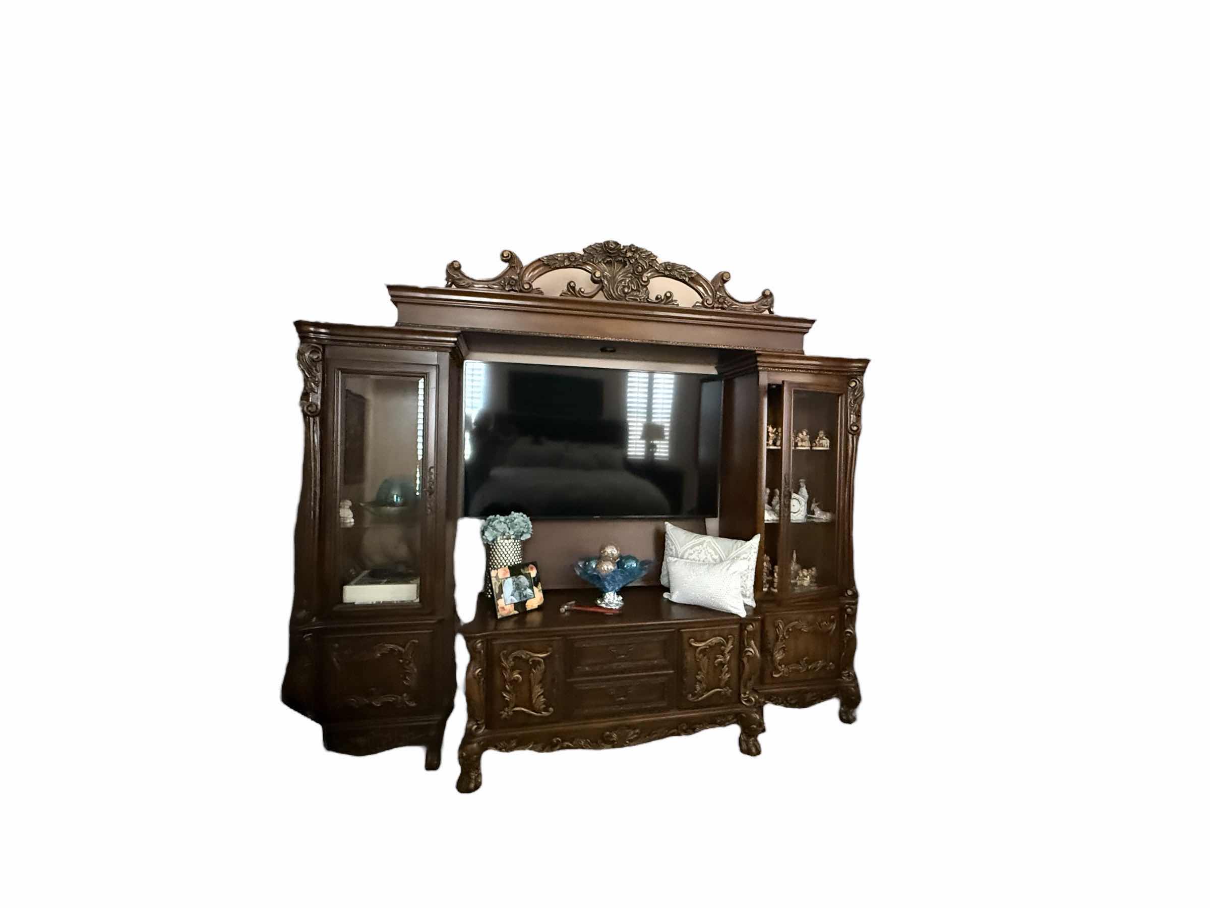 Photo 1 of 4 PCS-HEAVY ORNATE MAHOGANY MEDIA CONSOLE 108” x 17” H8’