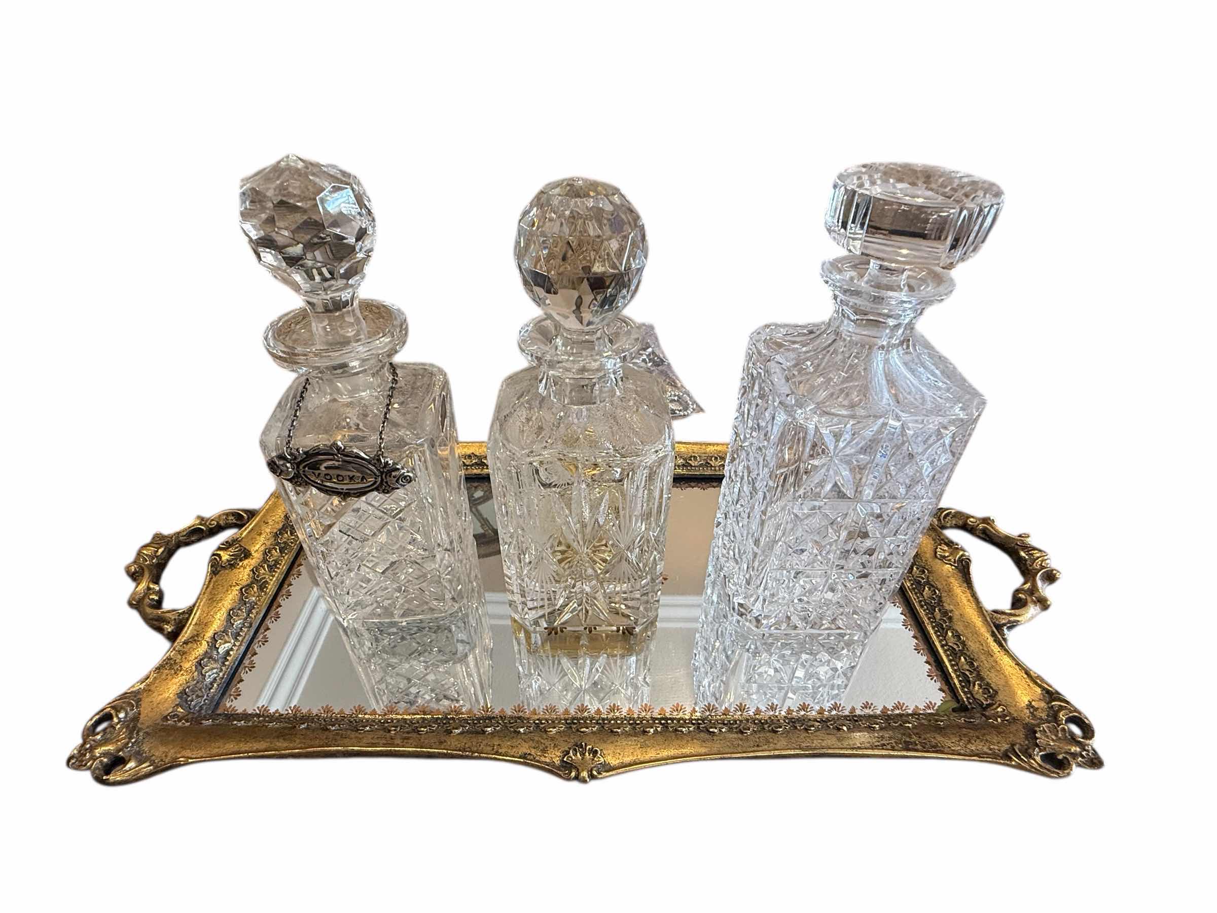 Photo 1 of 4PCS-GOLD MIRRORED TRAY W 3 CRYSTAL LIQUOR DECANTERS