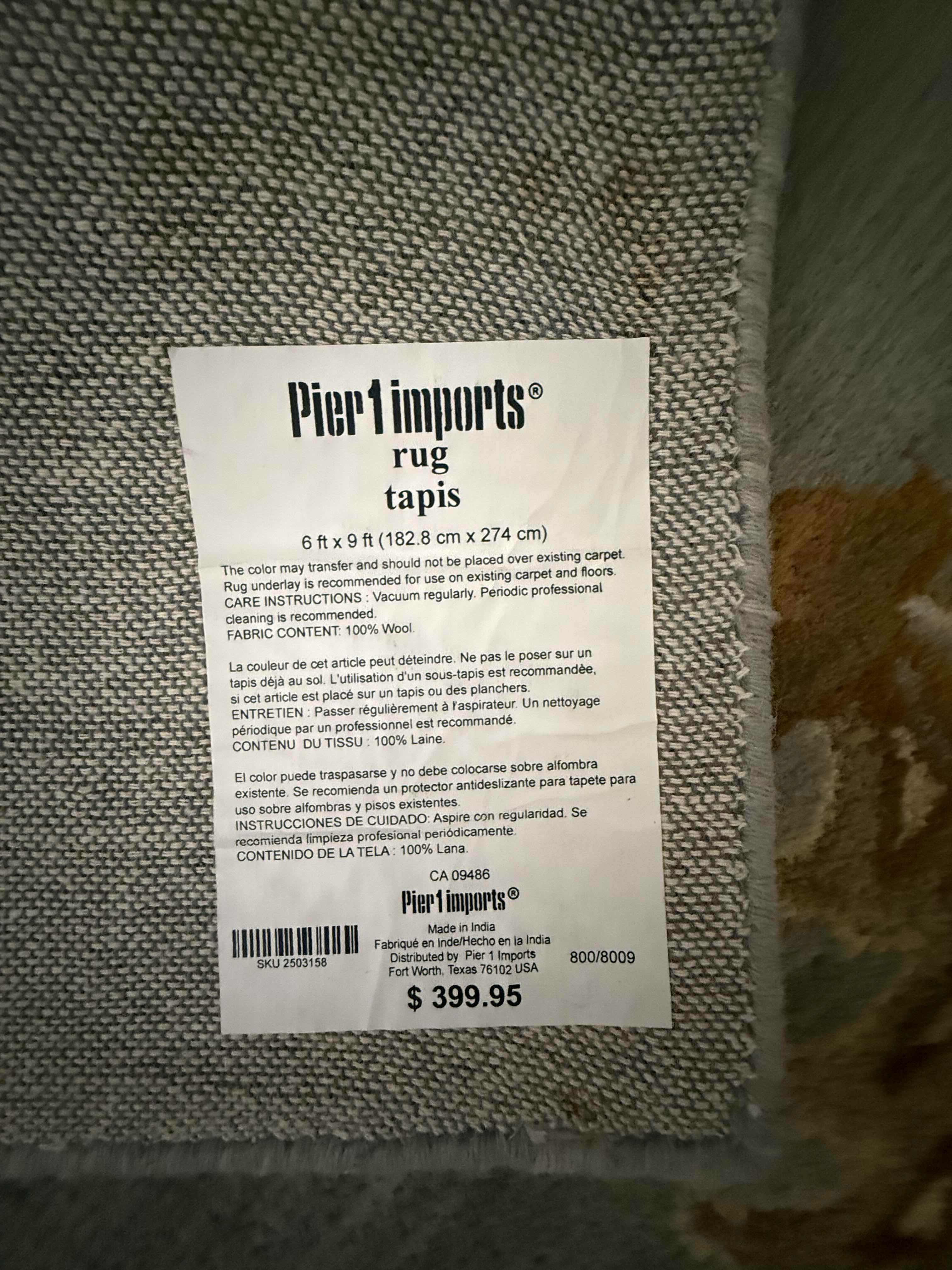 Photo 1 of PIER 1 IMPORTS 100% WOOL FLORAL AREA RUG 6’ x 9’