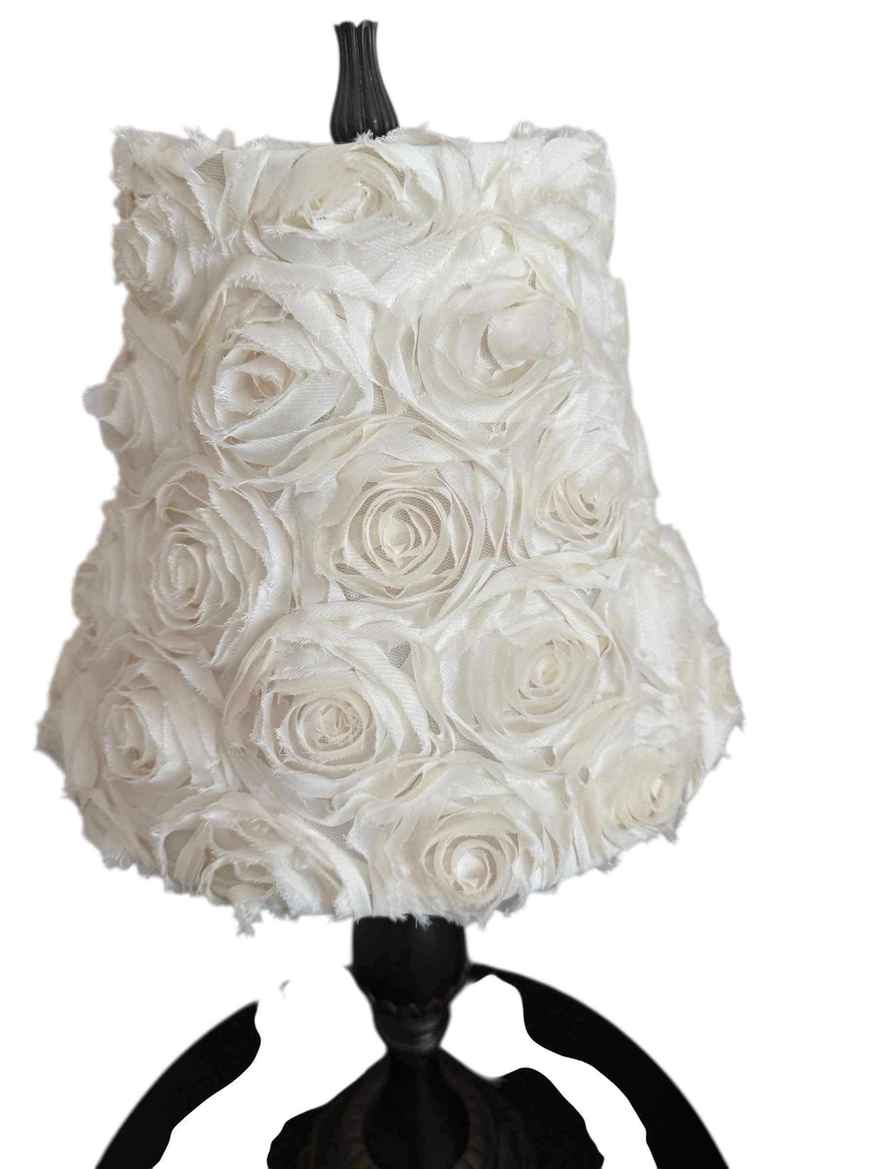 Photo 1 of BLACK WOOD TABLE LAMP W WHITE ROSES SHADE H30”
