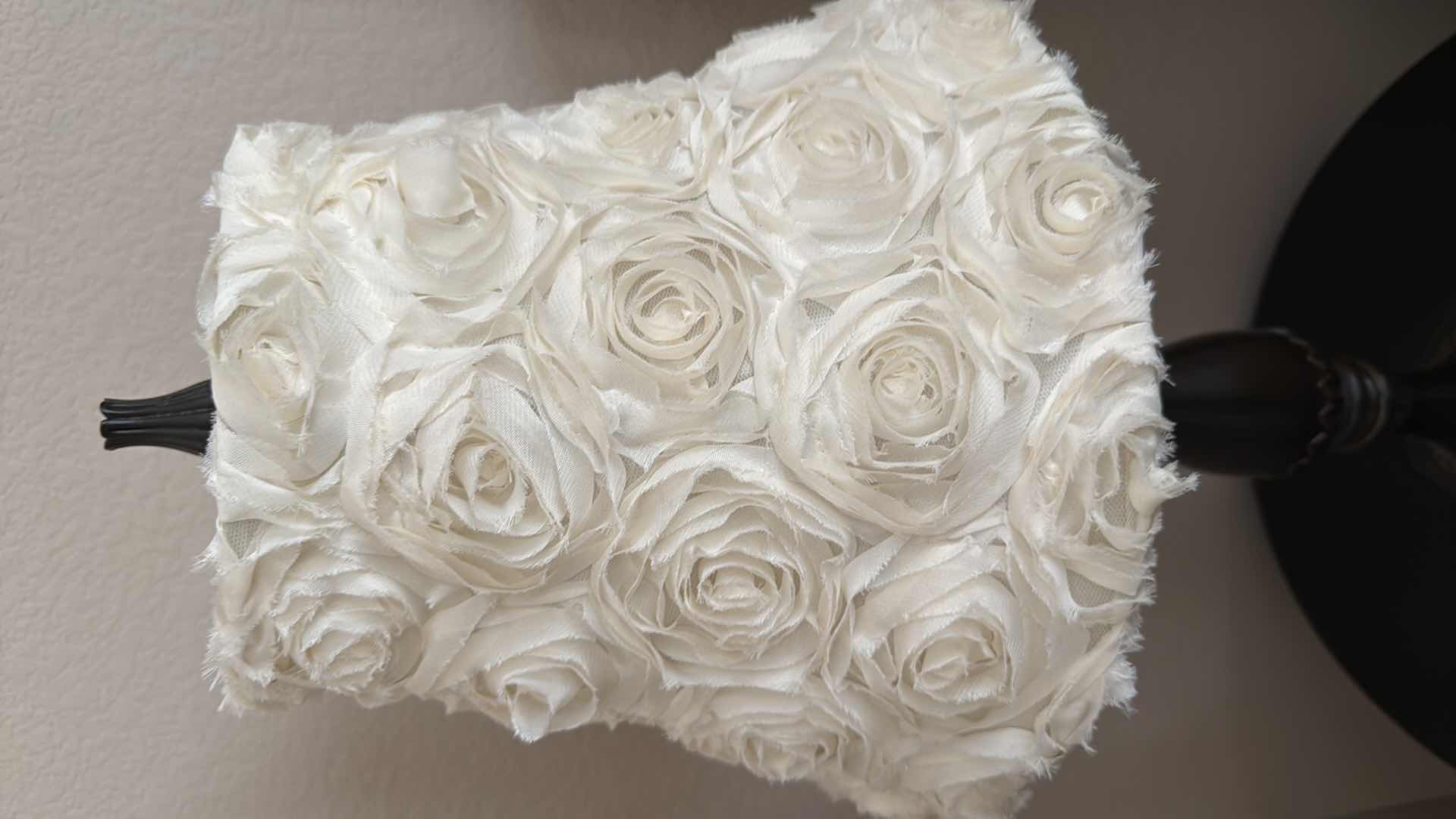 Photo 1 of BLACK WOOD TABLE LAMP W WHITE ROSES SHADE H30”