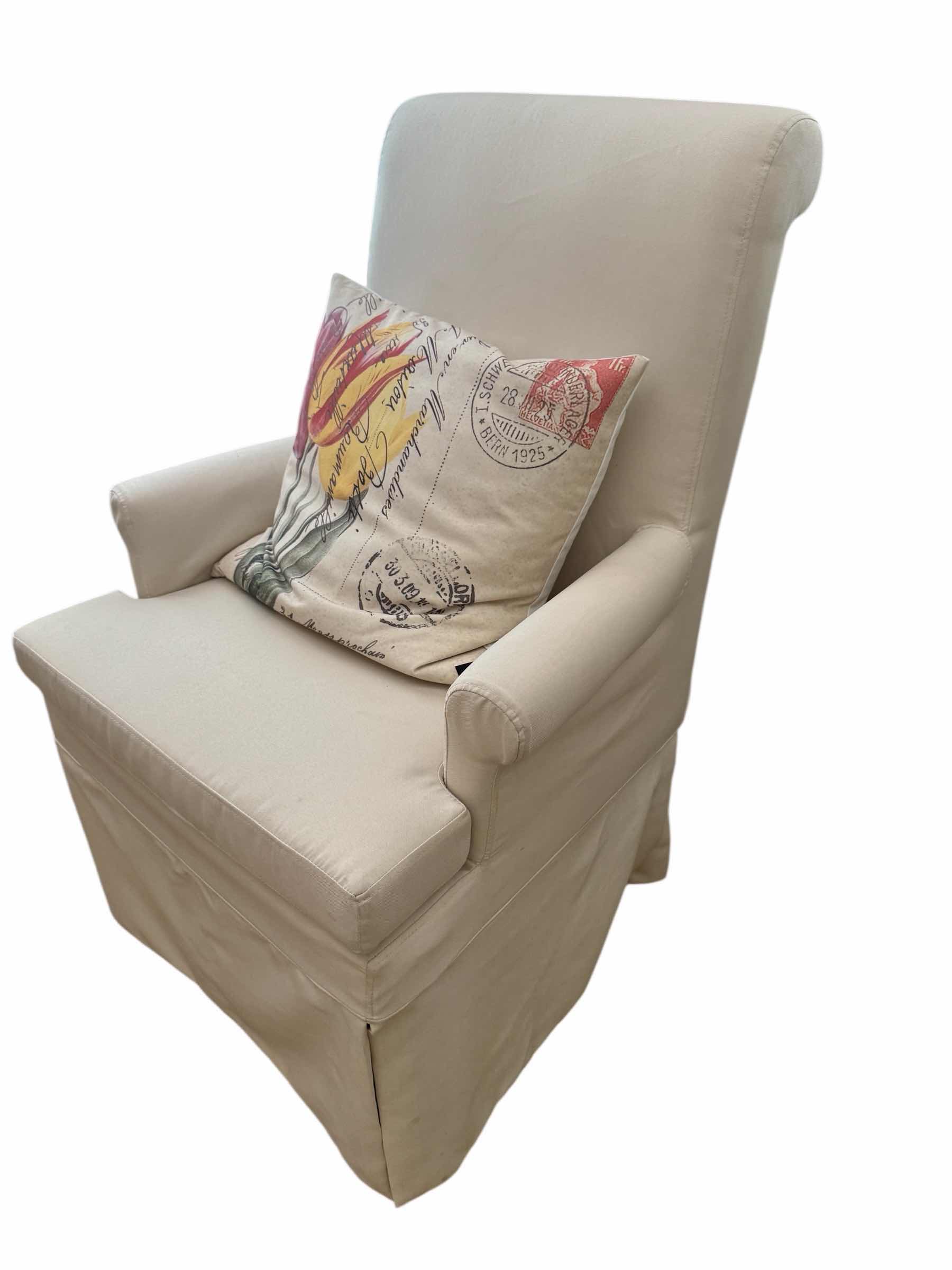 Photo 1 of OFF WHITE UPHOLSTERED ACCENT ARM CHAIR W FLORAL PILLOW
