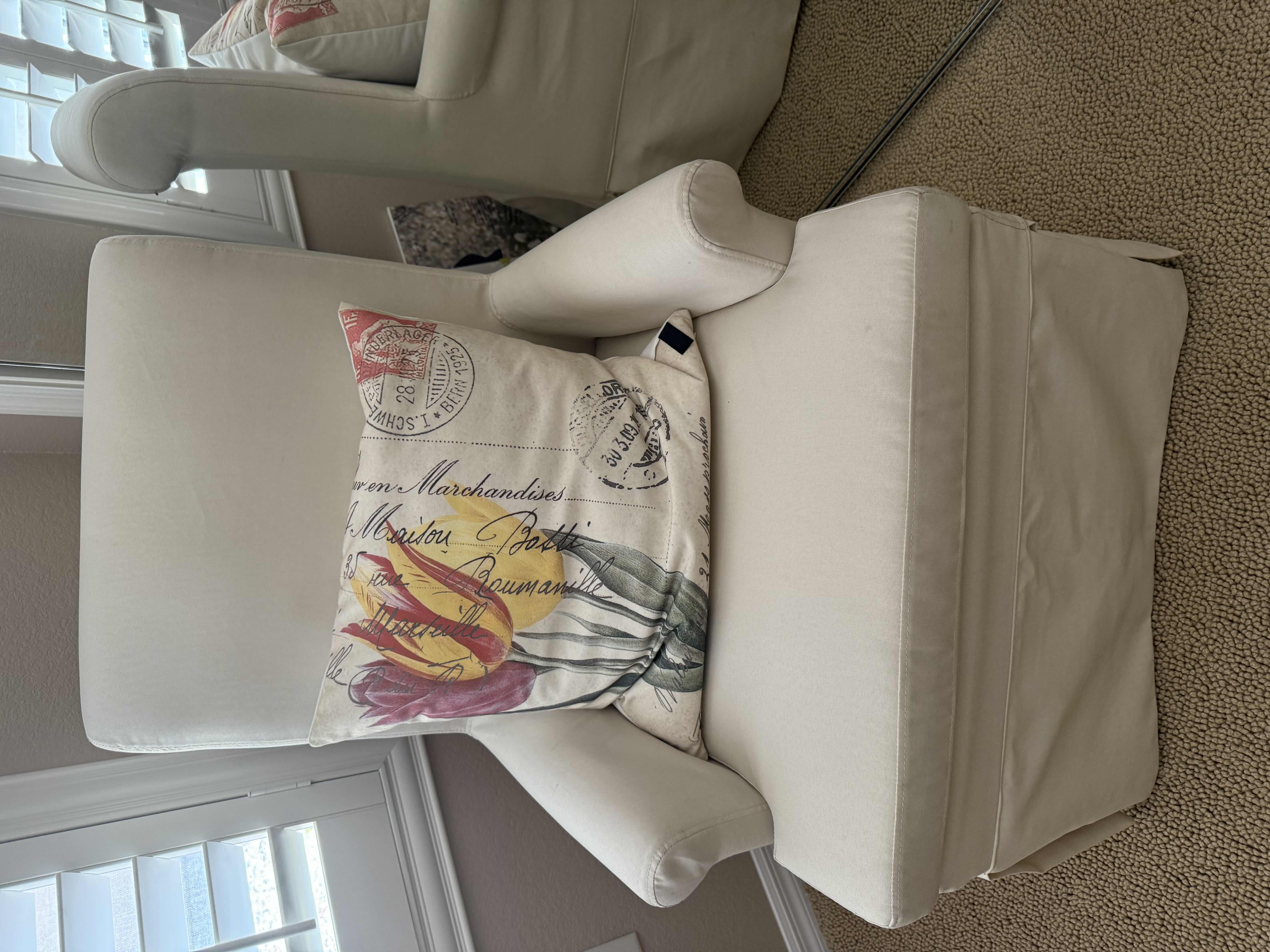 Photo 1 of OFF WHITE UPHOLSTERED ACCENT ARM CHAIR W FLORAL PILLOW