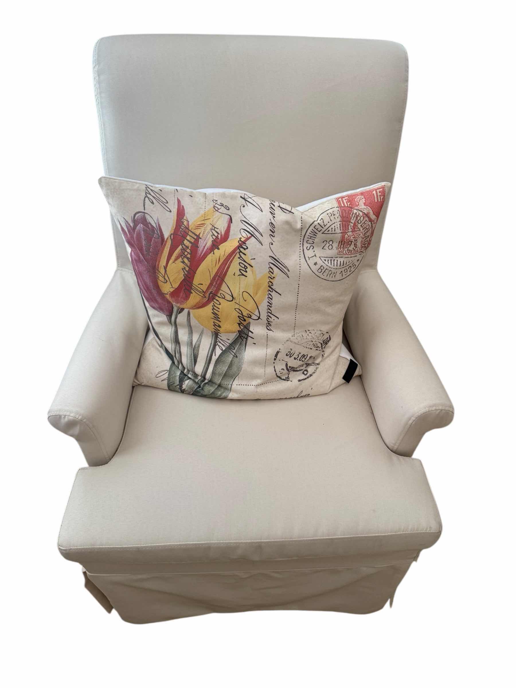 Photo 1 of OFF WHITE UPHOLSTERED ACCENT ARM CHAIR W FLORAL PILLOW