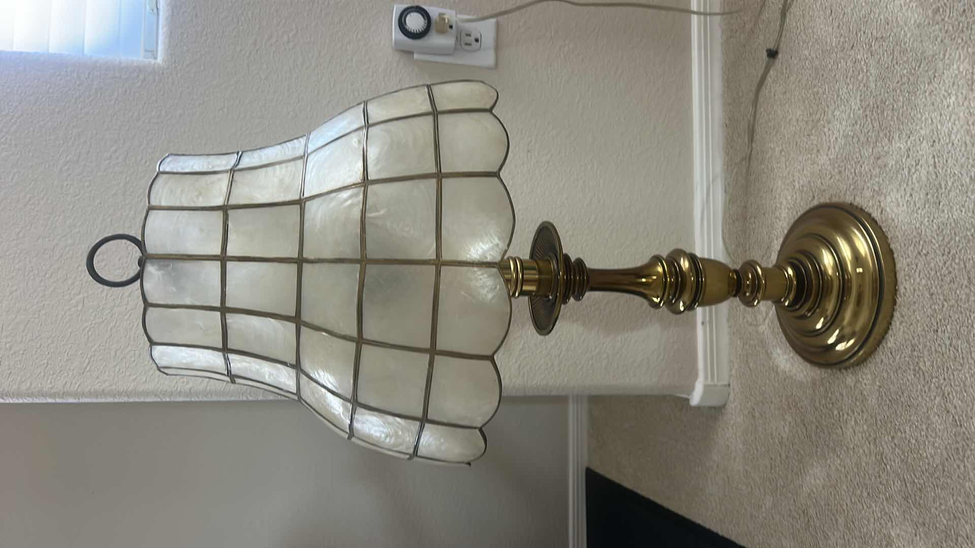 Photo 1 of BRASS LAMP WITH CAPIZ SHELL & BRASS SHADE H32”