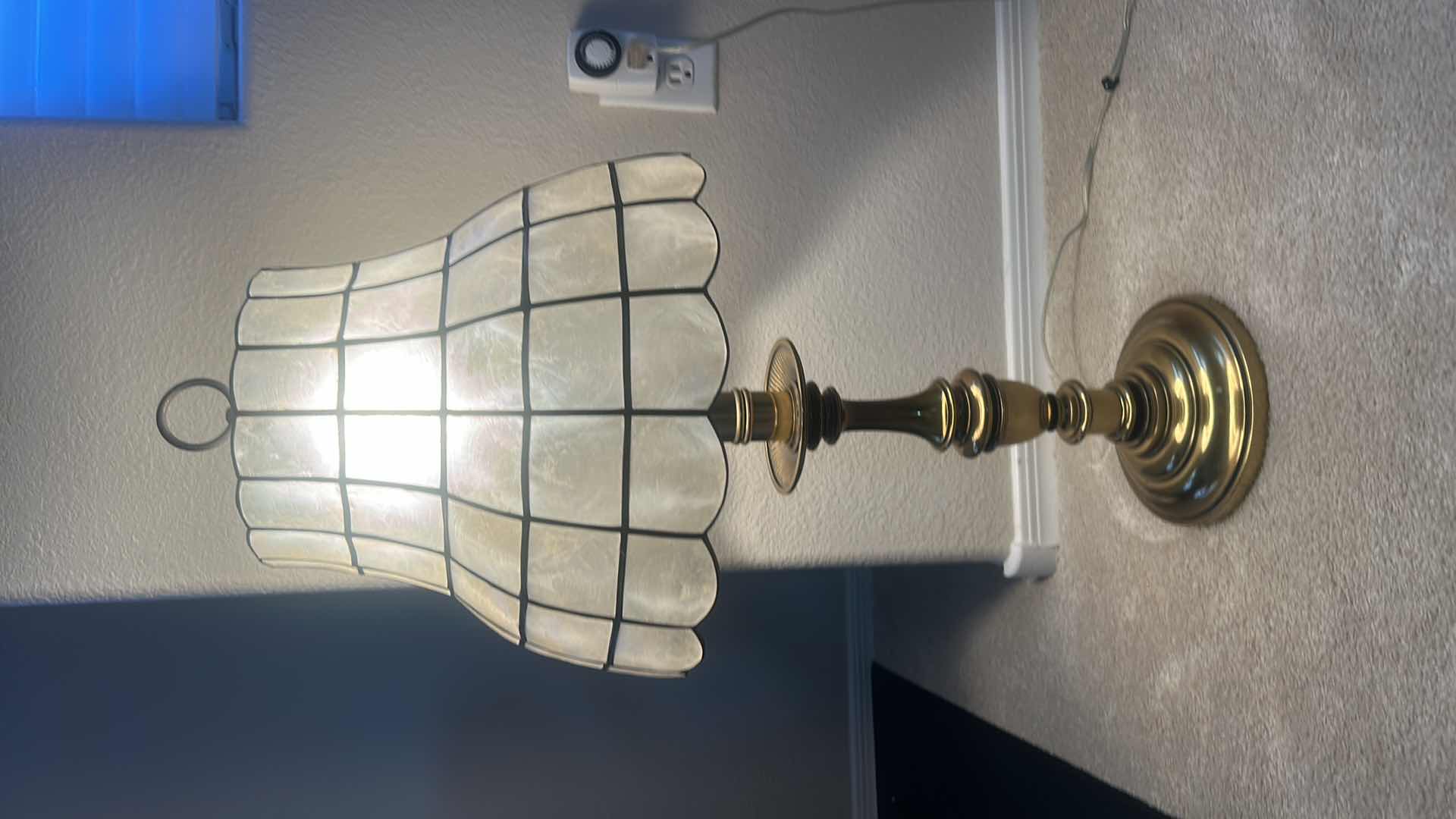 Photo 1 of BRASS LAMP WITH CAPIZ SHELL & BRASS SHADE H32”