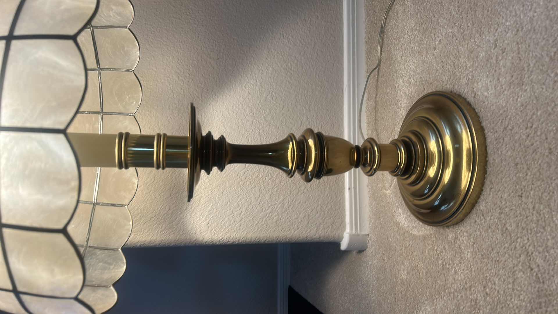 Photo 1 of BRASS LAMP WITH CAPIZ SHELL & BRASS SHADE H32”