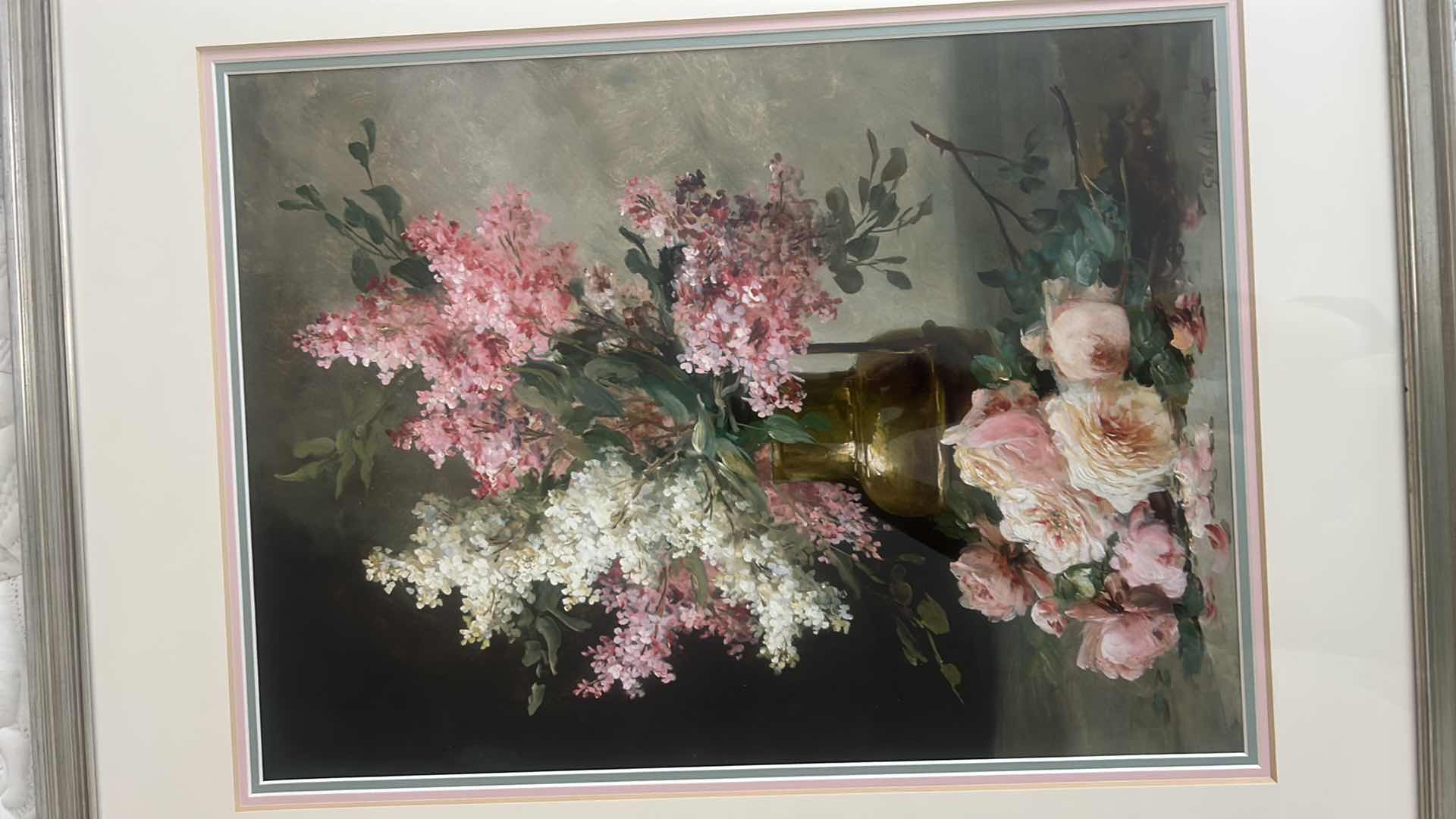 Photo 1 of SILVER FRAMED STILL LIFE FLORAL  “ROSES AND LILIES” SIGNED  ARTWORK $359 25” x H31”