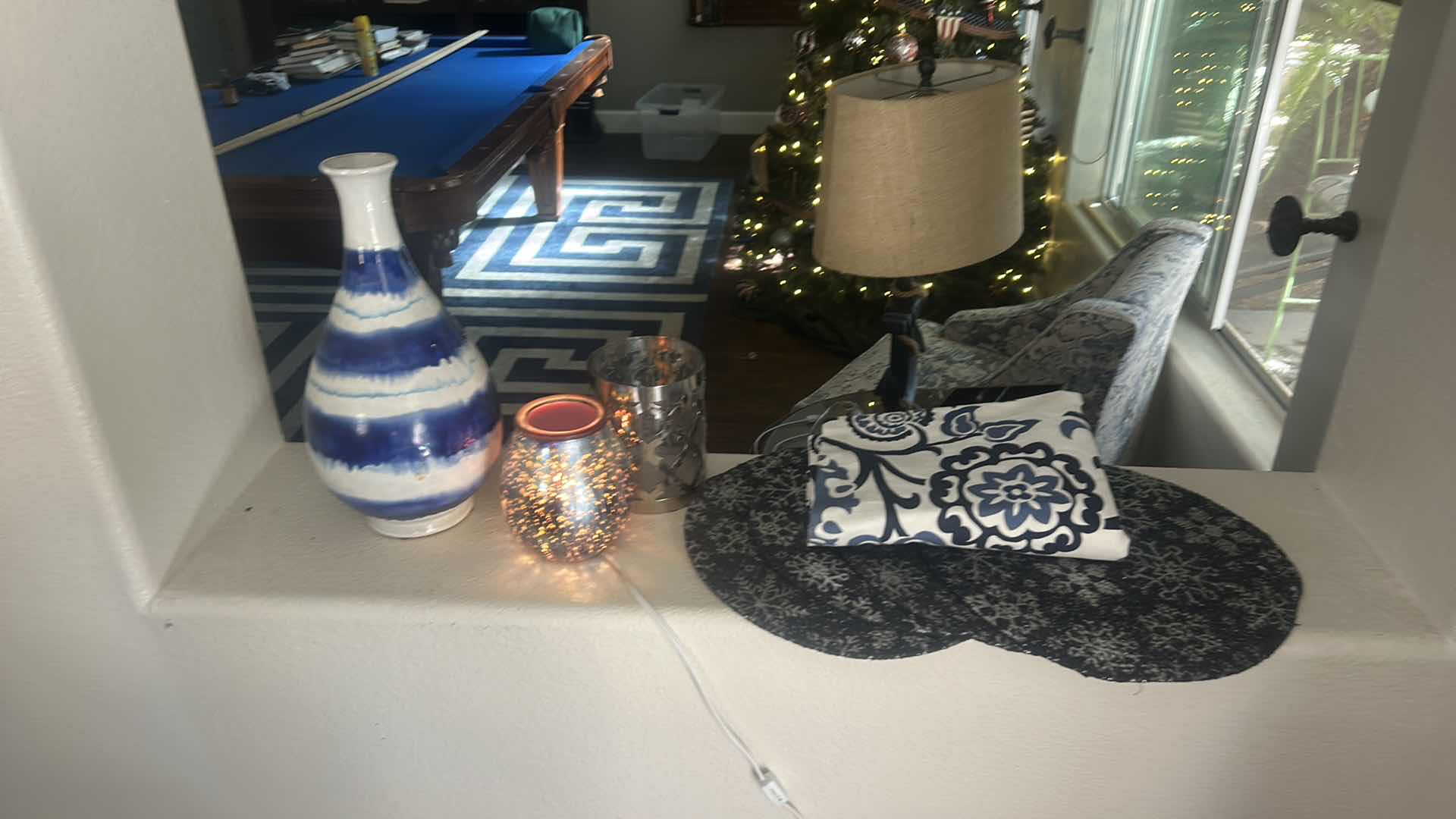 Photo 1 of HOME DECOR AND ACCESSORIES- BLUE AND WHITE VASE, WAX MELT, CANDLE HOLDER, 4 PLACEMATS AND TABLE CLOTH