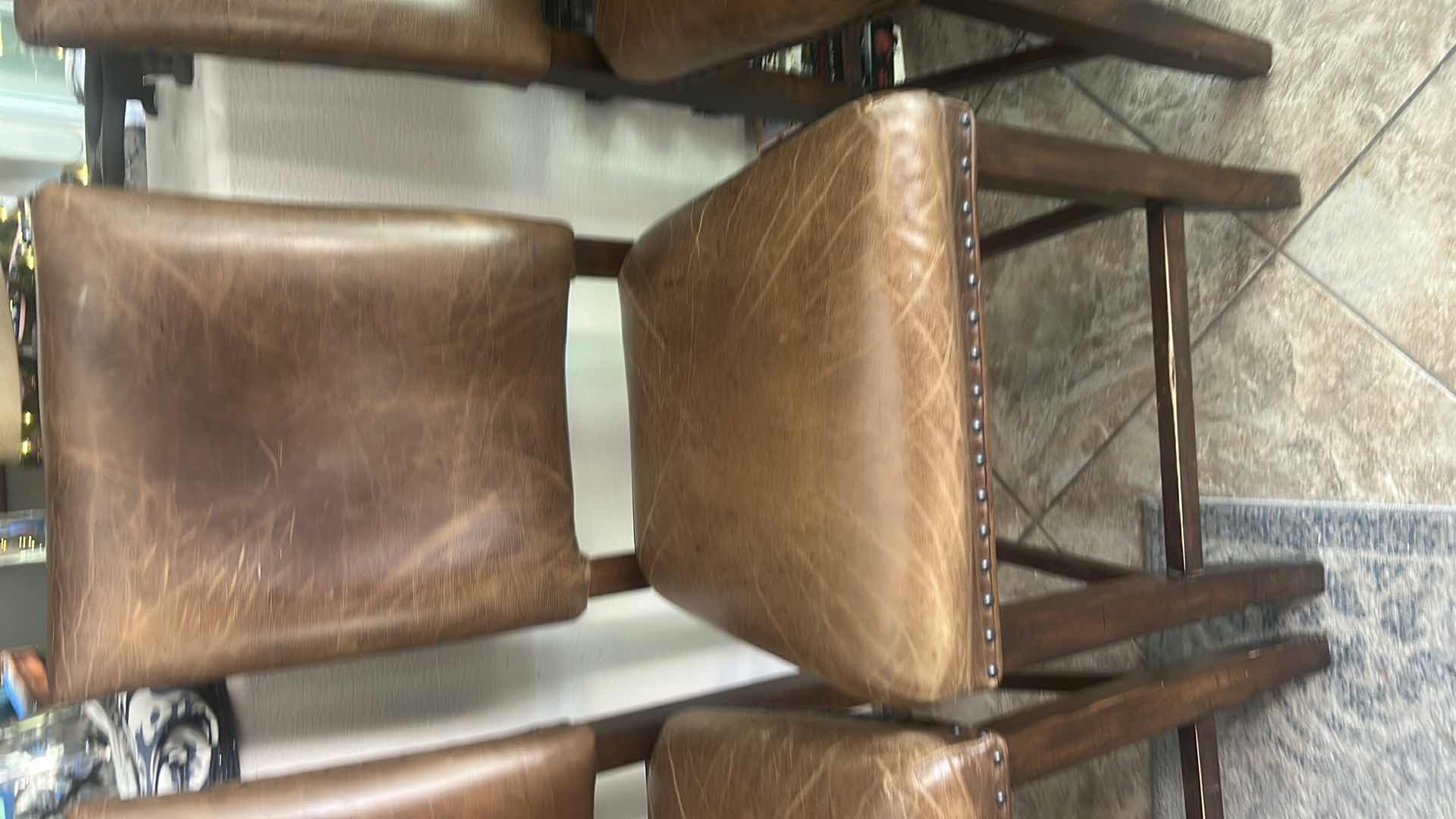 Photo 1 of 4 VINTAGE LEATHER AND WOOD BAR HEIGHT CHAIRS SEAT H 25.5” TOTAL H 43.5”