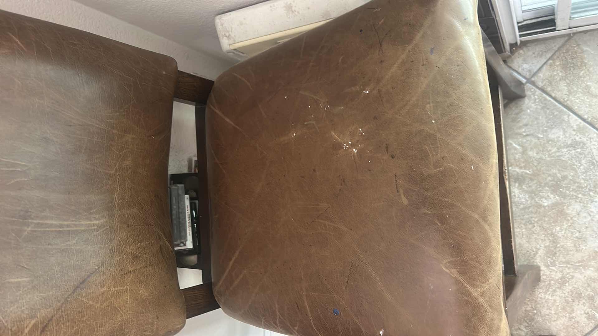 Photo 1 of 4 VINTAGE LEATHER AND WOOD BAR HEIGHT CHAIRS SEAT H 25.5” TOTAL H 43.5”