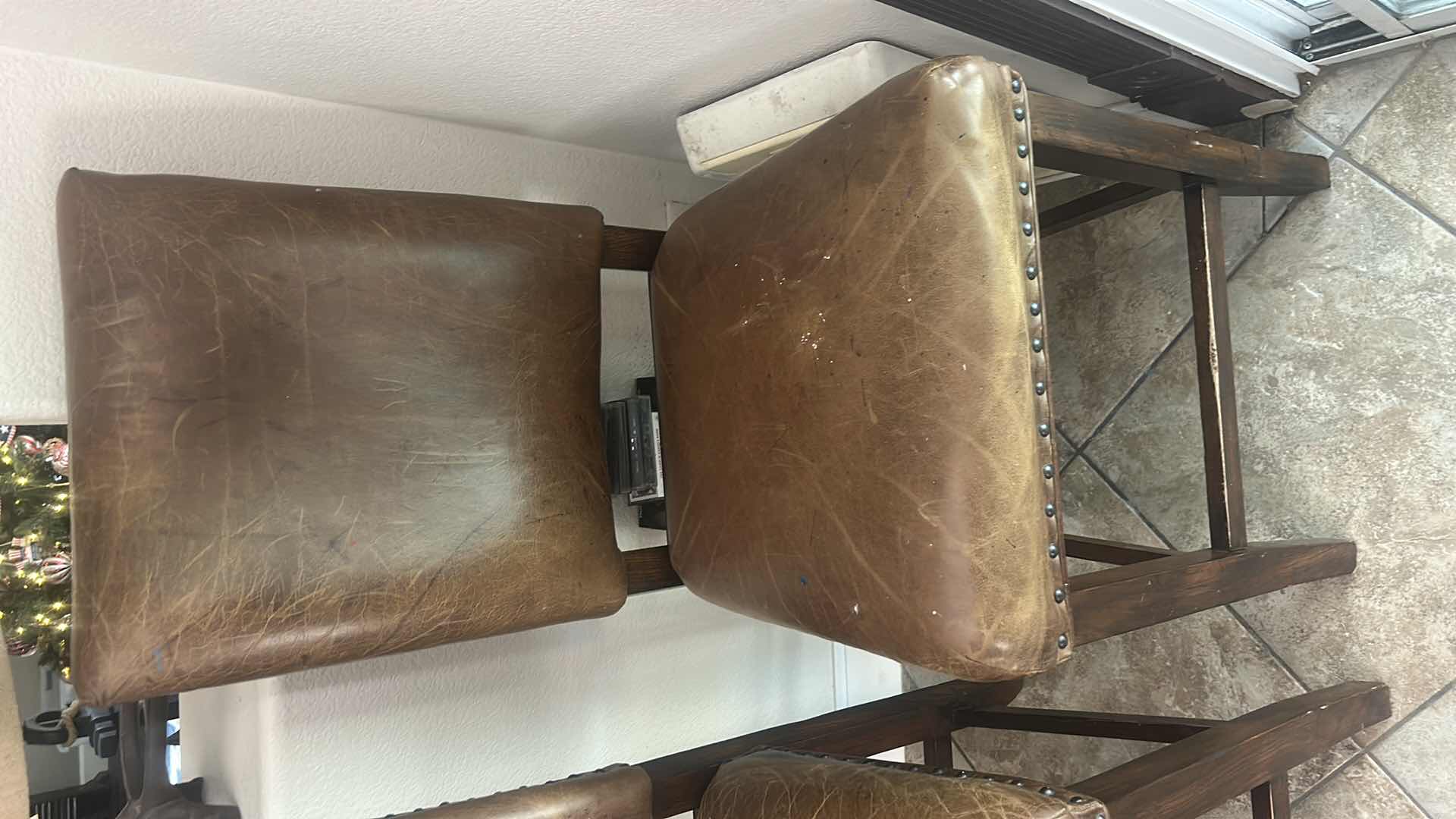 Photo 1 of 4 VINTAGE LEATHER AND WOOD BAR HEIGHT CHAIRS SEAT H 25.5” TOTAL H 43.5”
