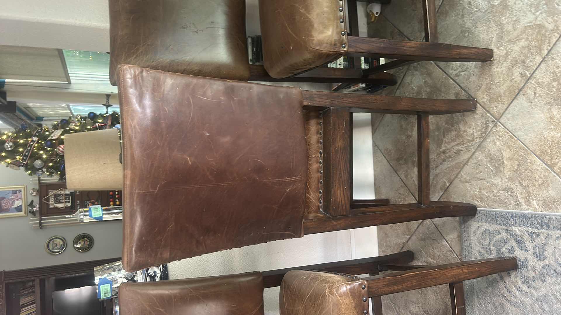 Photo 1 of 4 VINTAGE LEATHER AND WOOD BAR HEIGHT CHAIRS SEAT H 25.5” TOTAL H 43.5”