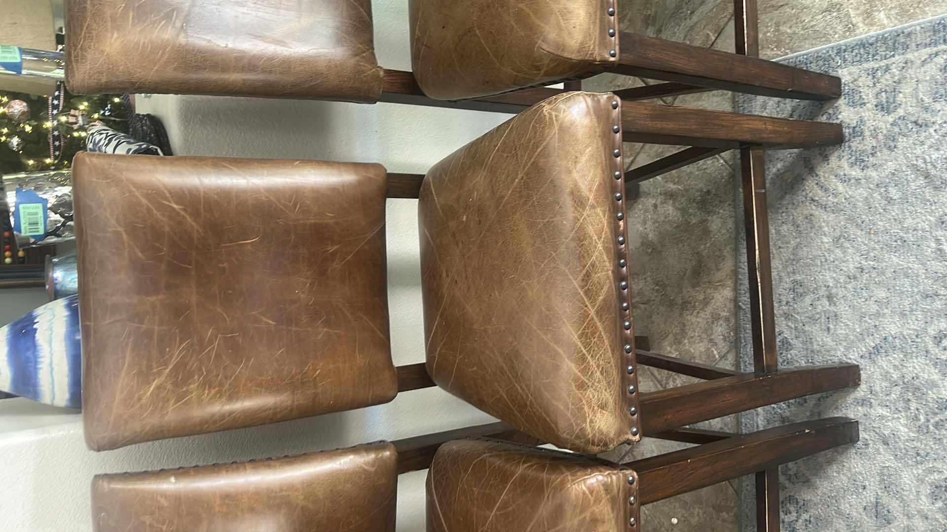 Photo 1 of 4 VINTAGE LEATHER AND WOOD BAR HEIGHT CHAIRS SEAT H 25.5” TOTAL H 43.5”