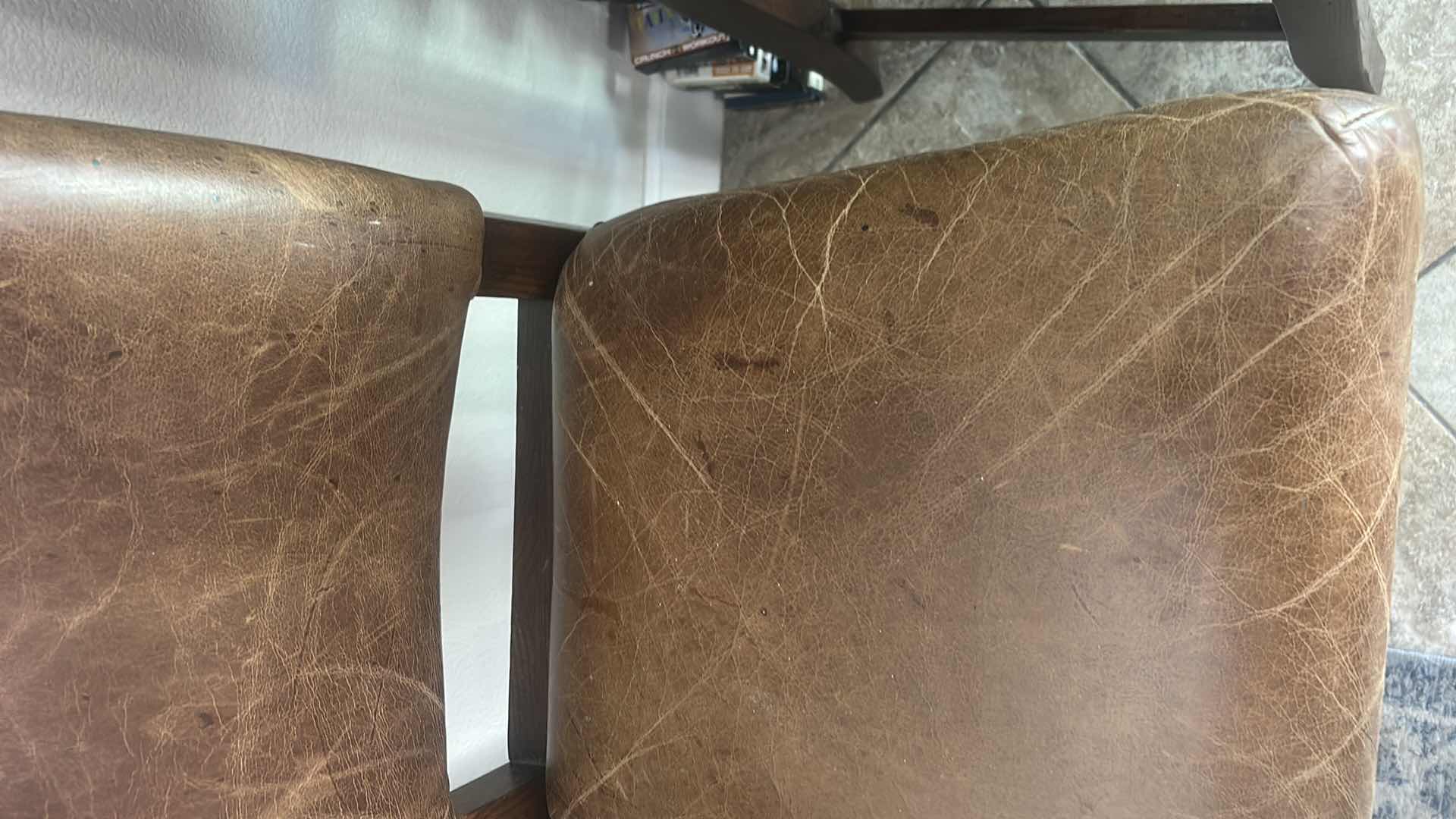 Photo 1 of 4 VINTAGE LEATHER AND WOOD BAR HEIGHT CHAIRS SEAT H 25.5” TOTAL H 43.5”