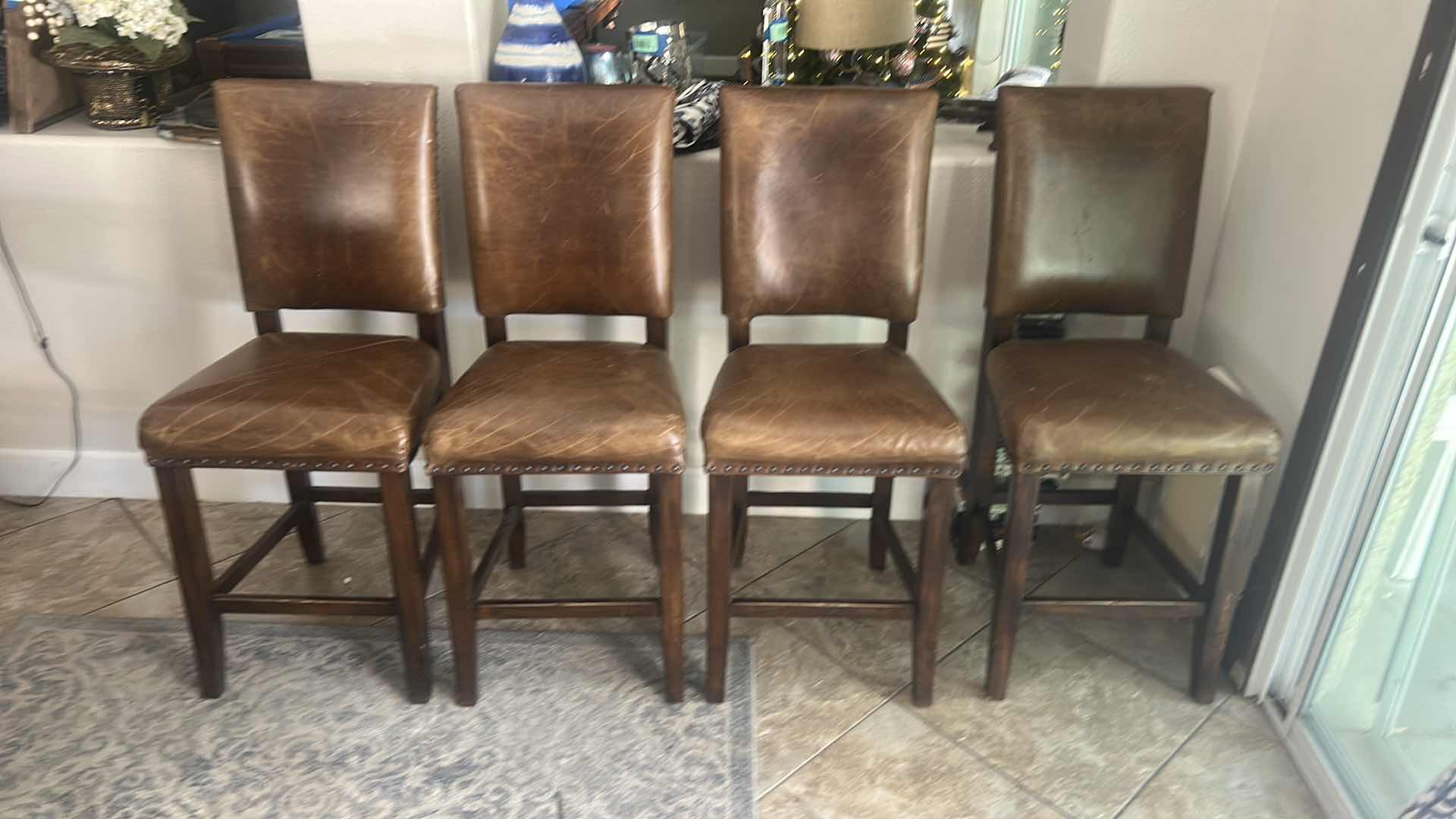 Photo 1 of 4 VINTAGE LEATHER AND WOOD BAR HEIGHT CHAIRS SEAT H 25.5” TOTAL H 43.5”
