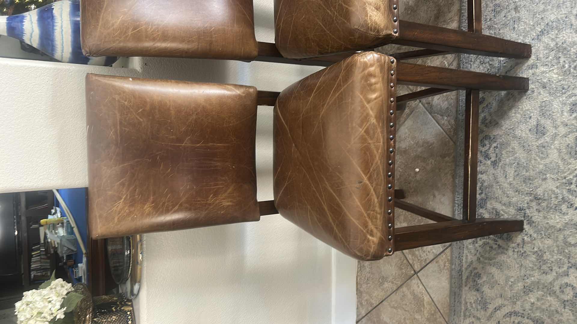 Photo 1 of 4 VINTAGE LEATHER AND WOOD BAR HEIGHT CHAIRS SEAT H 25.5” TOTAL H 43.5”