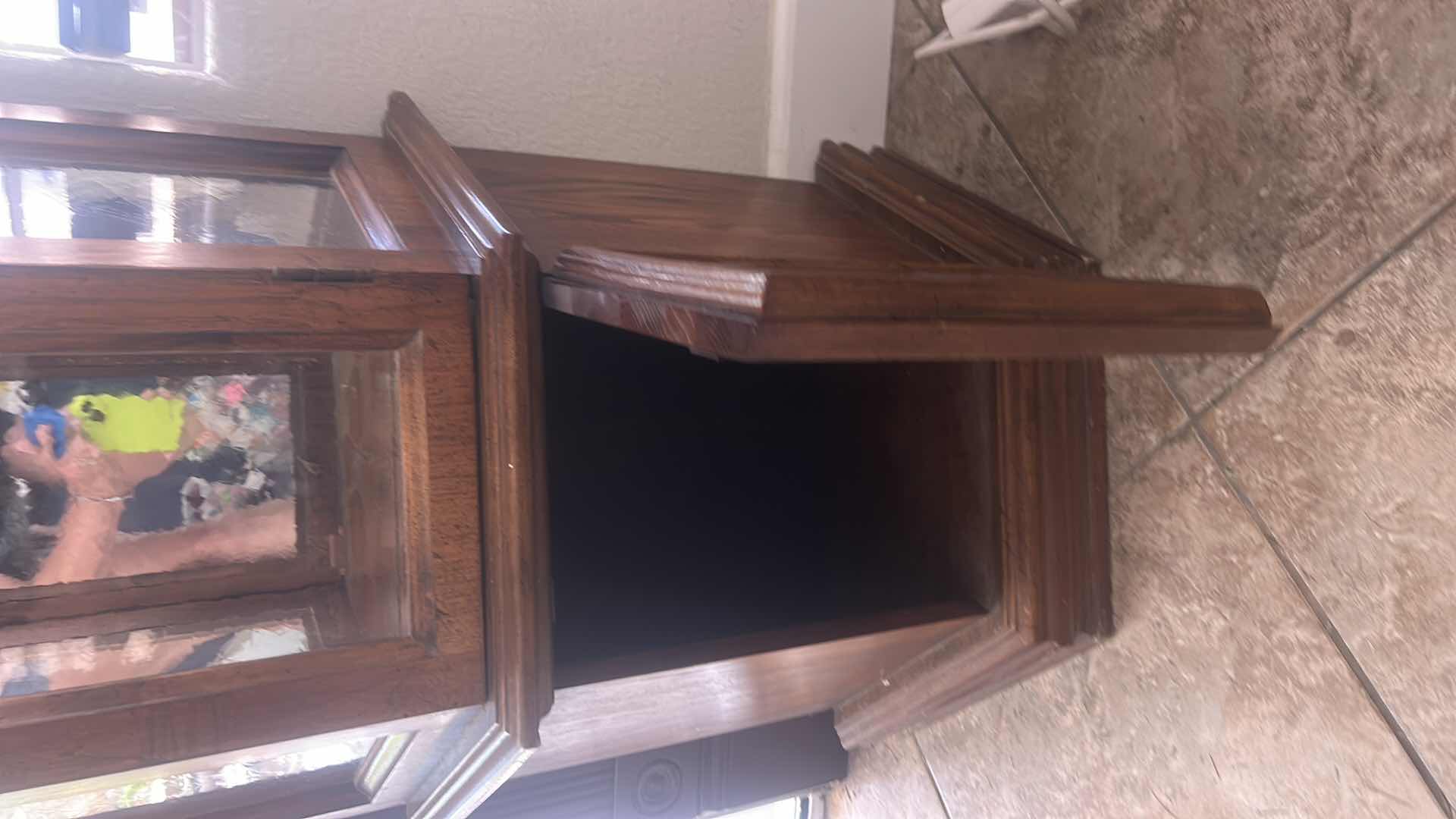 Photo 1 of VINTAGE ILIGHTED WOOD CURIO CABINET WITH WAVY GLASS 25” x 11” x H70”
