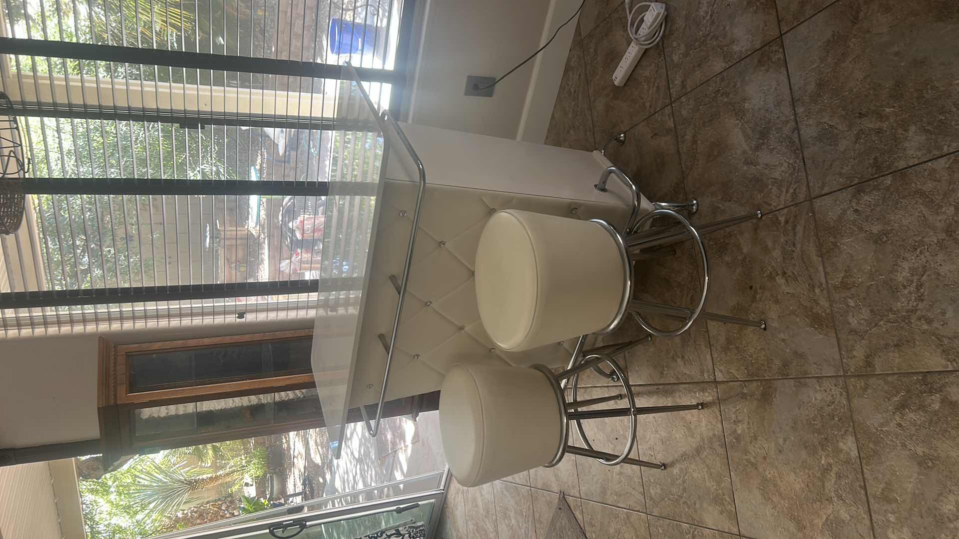 Photo 1 of FURNITURE OF AMERICA FUERO WHITE BAR TABLE WITH BUTTON TUFTING AND FAUX LEATHER UPHOLSTERY 47 1/4“ x 19 1/2“ x 42“ WITH 2 SWIVEL STOOLS. H29.25” $800