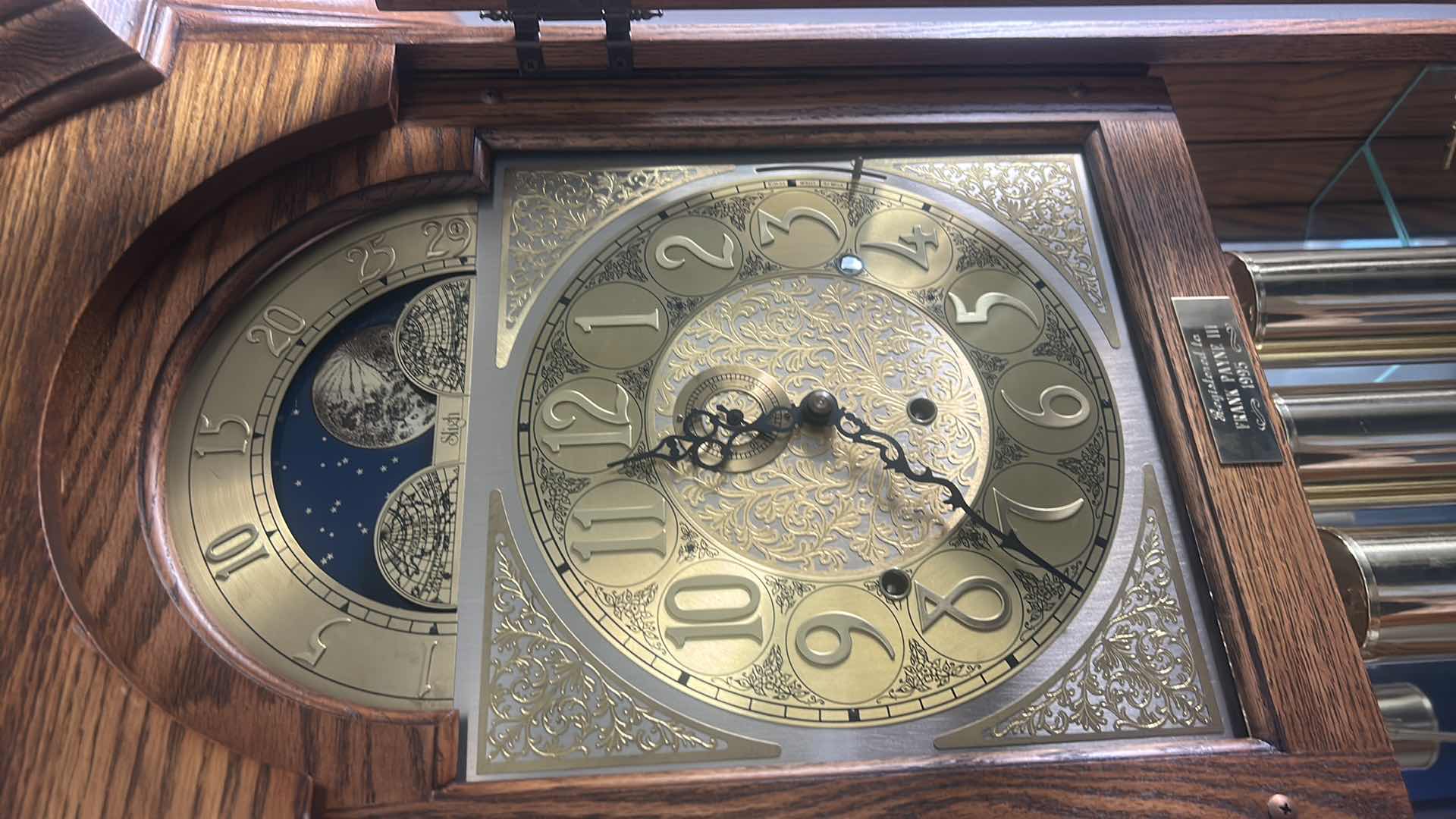 Photo 1 of SLIGH VINTAGE WOOD GRANDFATHER CLOCK WITH GLASS SHELVES 32“ x 14“  X H82“
