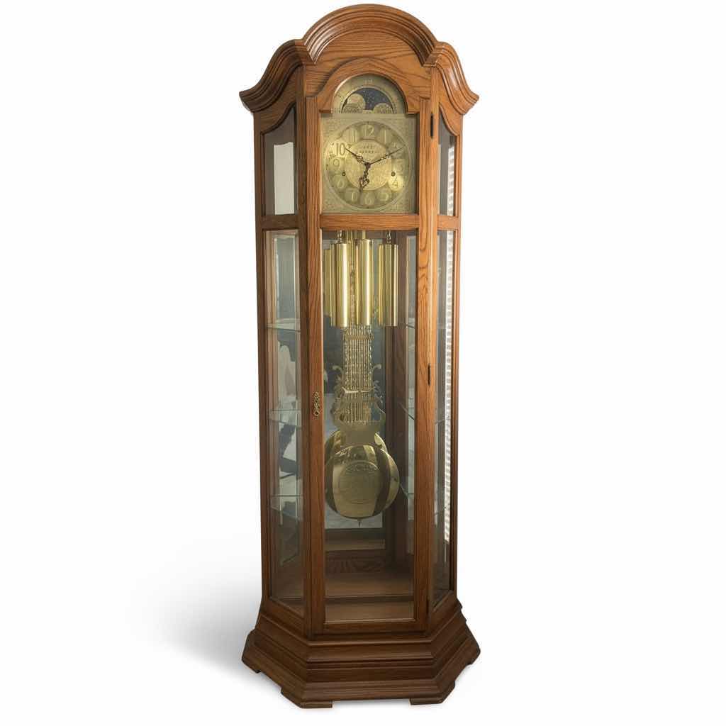 Photo 1 of SLIGH VINTAGE WOOD GRANDFATHER CLOCK WITH GLASS SHELVES 32“ x 14“  X H82“