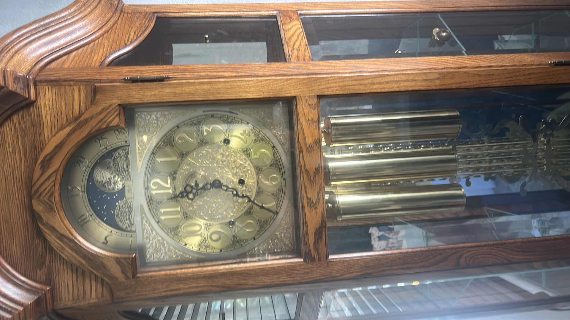 Photo 1 of SLIGH VINTAGE WOOD GRANDFATHER CLOCK WITH GLASS SHELVES 32“ x 14“  X H82“