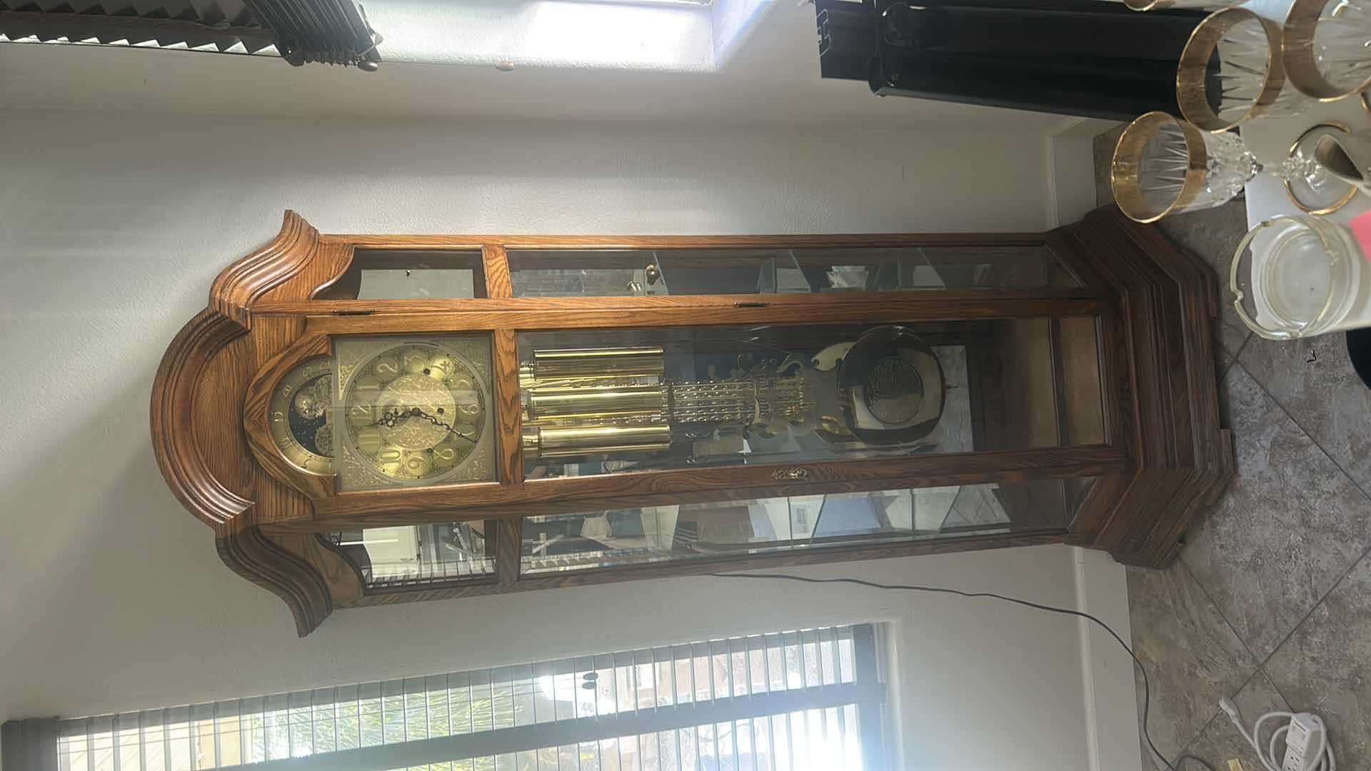Photo 1 of SLIGH VINTAGE WOOD GRANDFATHER CLOCK WITH GLASS SHELVES 32“ x 14“  X H82“