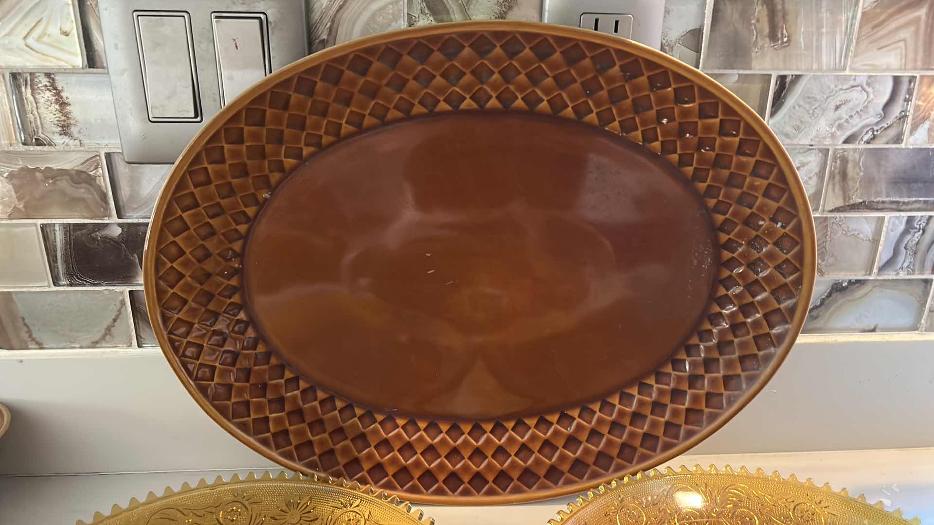 Photo 1 of AMBER GlASS PLATES, CERAMIC PUMPKINS AND DEEP BROWN/ AMBER CERAMIC PLATTER