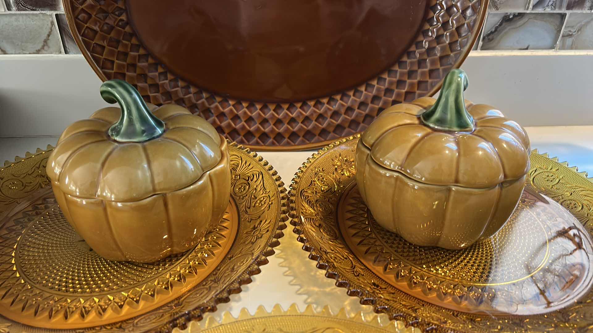Photo 1 of AMBER GlASS PLATES, CERAMIC PUMPKINS AND DEEP BROWN/ AMBER CERAMIC PLATTER