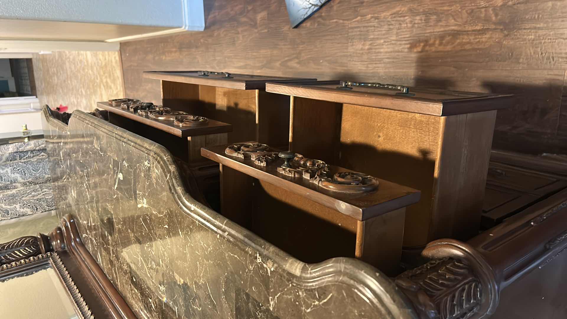 Photo 1 of THE BEST MASTER FURNITURE, WOOD DRESSER WITH STONE TOP  & BEVELED GLASS MIRROR 6‘ x 21“ x H40“ WITH MIRROR  H87”