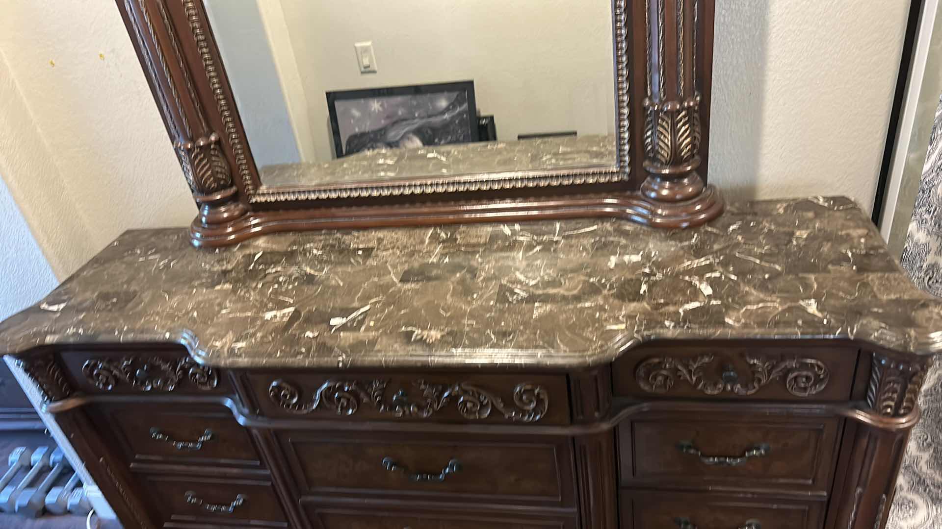 Photo 1 of THE BEST MASTER FURNITURE, WOOD DRESSER WITH STONE TOP  & BEVELED GLASS MIRROR 6‘ x 21“ x H40“ WITH MIRROR  H87”