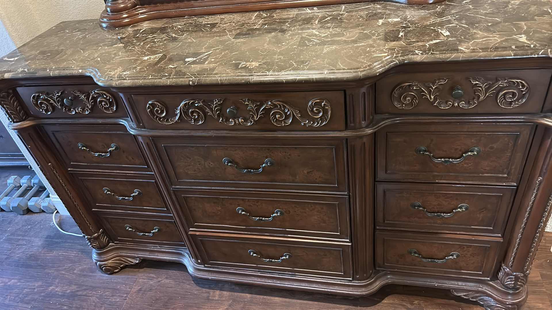 Photo 1 of THE BEST MASTER FURNITURE, WOOD DRESSER WITH STONE TOP  & BEVELED GLASS MIRROR 6‘ x 21“ x H40“ WITH MIRROR  H87”