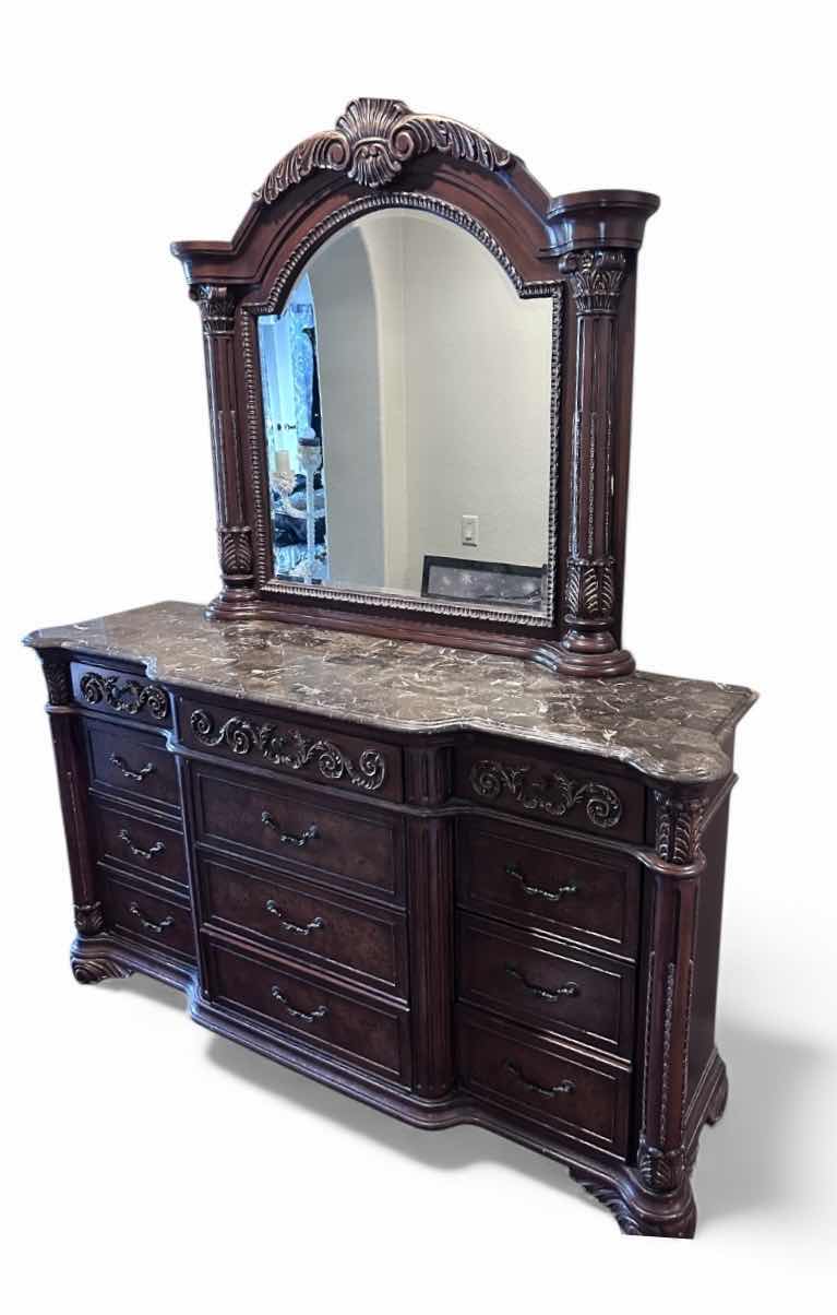 Photo 1 of THE BEST MASTER FURNITURE, WOOD DRESSER WITH STONE TOP  & BEVELED GLASS MIRROR 6‘ x 21“ x H40“ WITH MIRROR  H87”