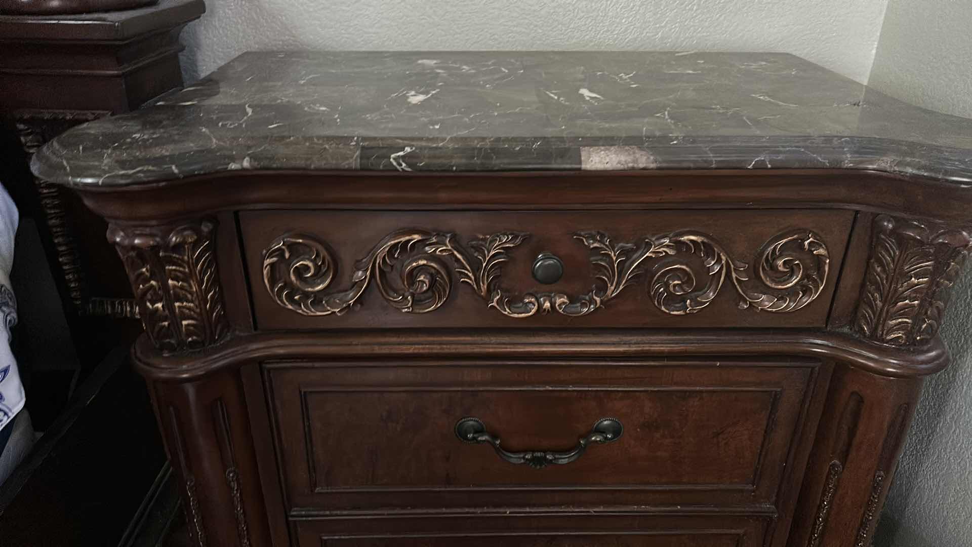 Photo 1 of THE BEST MASTER FURNITURE COMPANY- WOOD NIGHTSTAND WITH STONE TOP 32 1/2“ x 18“ X H30 1/2“