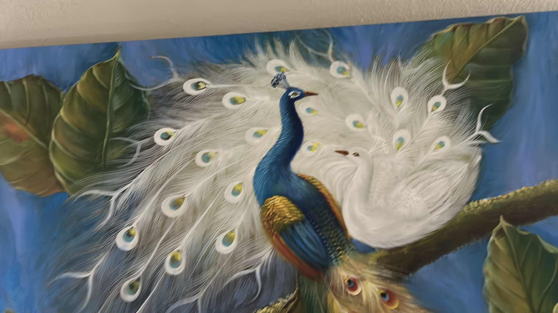 Photo 1 of UNFRAMED, OIL ON CANVAS “PEACOCK” SIGNED ARTWORK 4’ X 3’
AND TWO WALL CANDLE HOLDERS