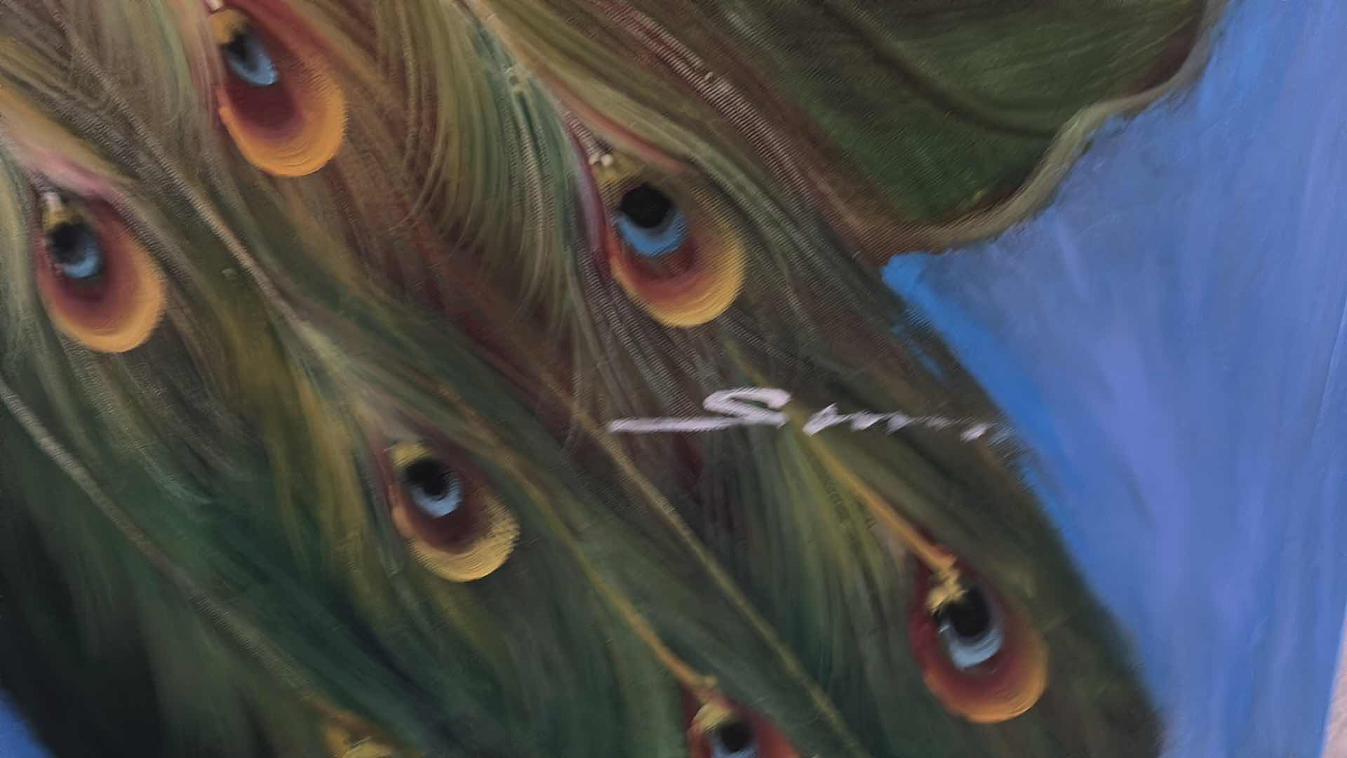 Photo 1 of UNFRAMED, OIL ON CANVAS “PEACOCK” SIGNED ARTWORK 4’ X 3’
AND TWO WALL CANDLE HOLDERS