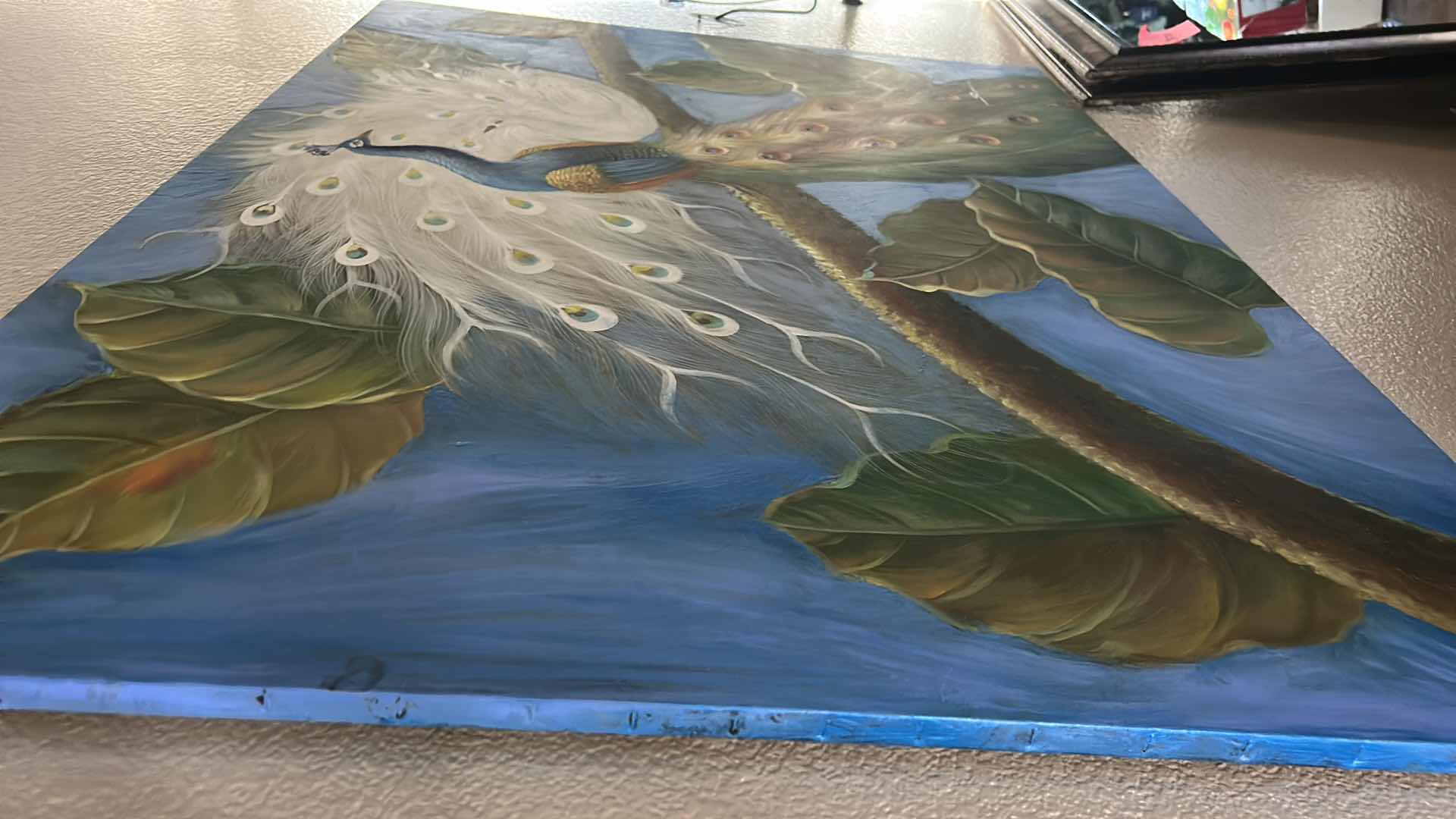 Photo 1 of UNFRAMED, OIL ON CANVAS “PEACOCK” SIGNED ARTWORK 4’ X 3’
AND TWO WALL CANDLE HOLDERS