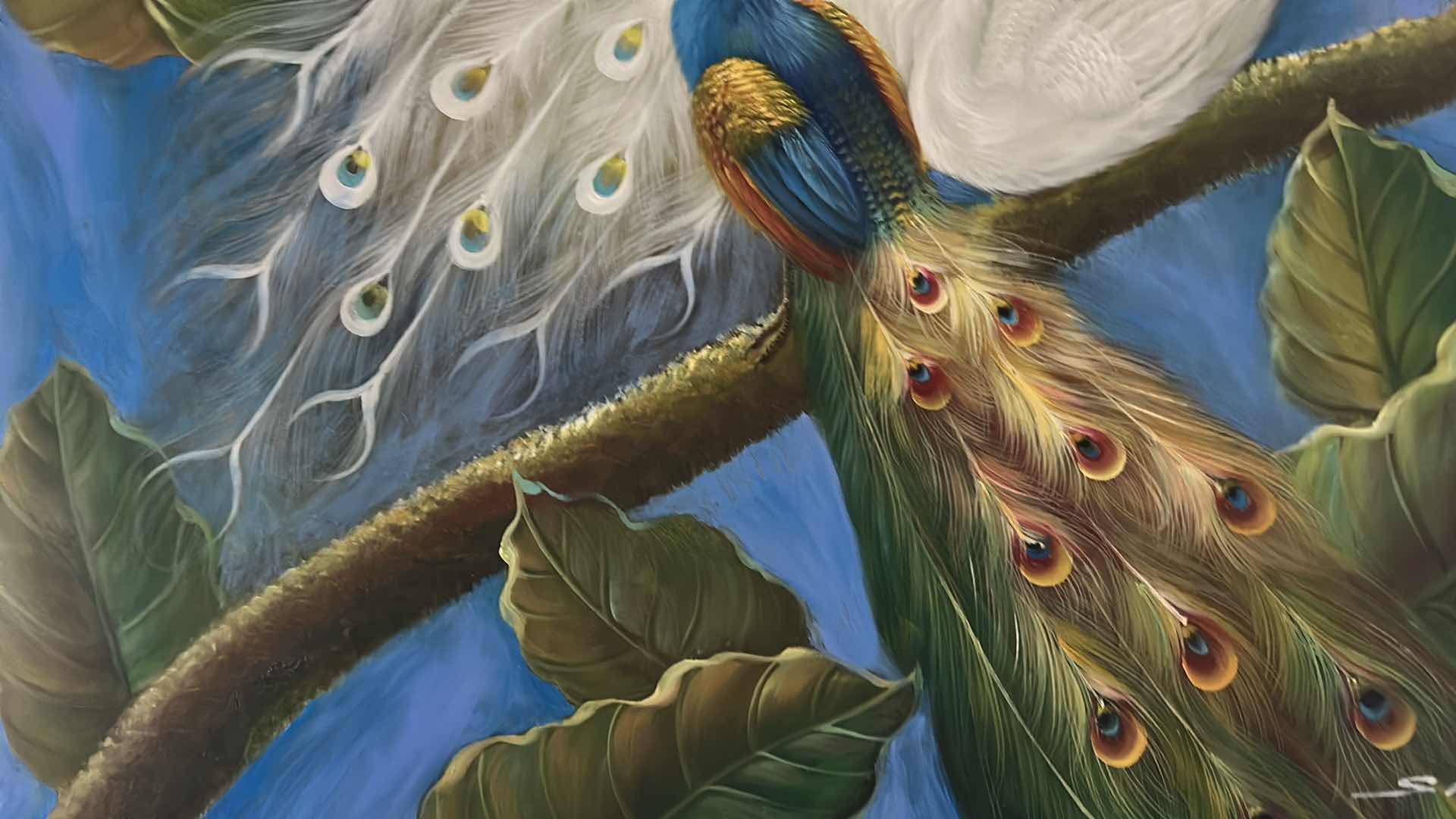 Photo 1 of UNFRAMED, OIL ON CANVAS “PEACOCK” SIGNED ARTWORK 4’ X 3’
AND TWO WALL CANDLE HOLDERS