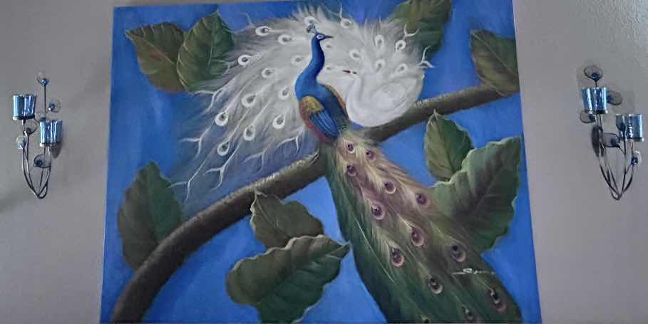 Photo 1 of UNFRAMED, OIL ON CANVAS “PEACOCK” SIGNED ARTWORK 4’ X 3’
AND TWO WALL CANDLE HOLDERS