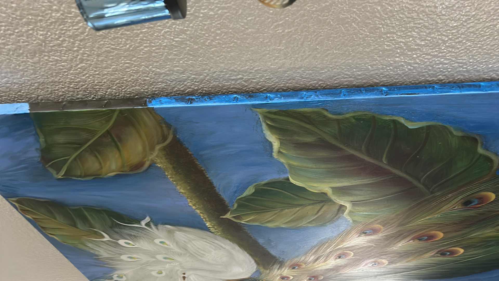 Photo 1 of UNFRAMED, OIL ON CANVAS “PEACOCK” SIGNED ARTWORK 4’ X 3’
AND TWO WALL CANDLE HOLDERS