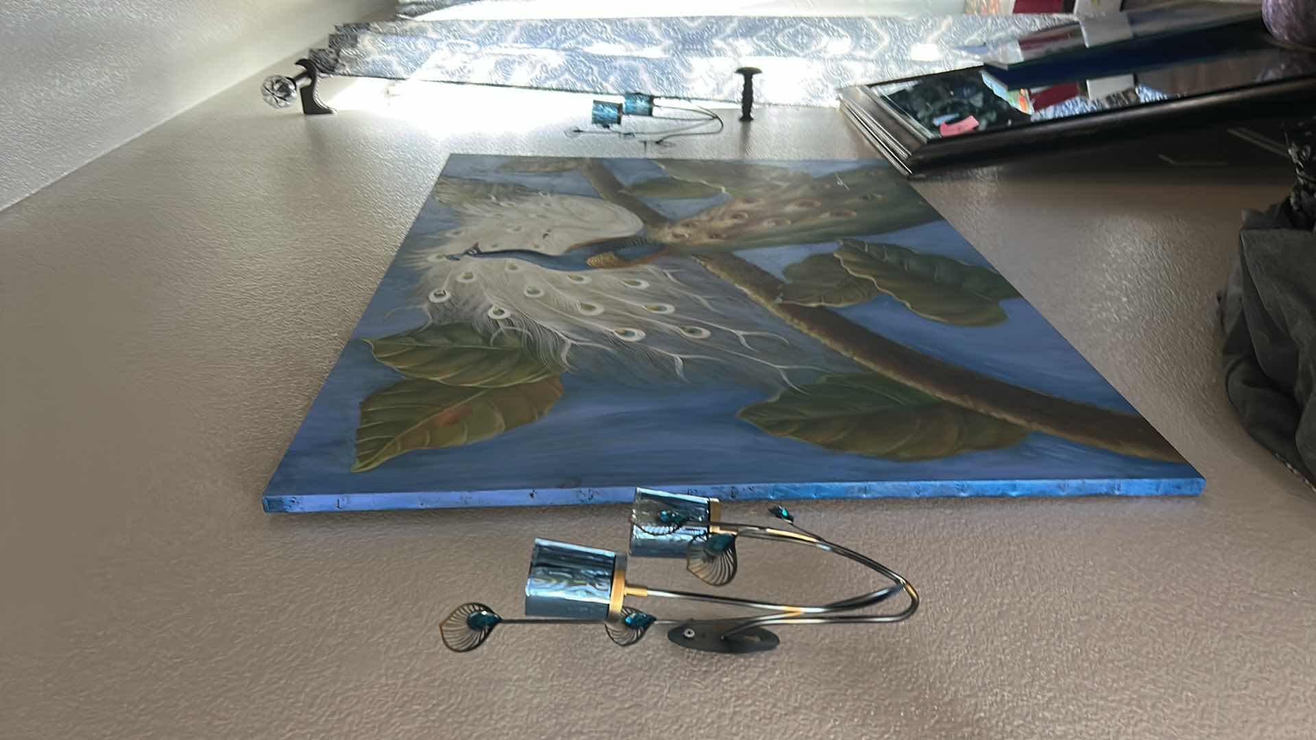 Photo 1 of UNFRAMED, OIL ON CANVAS “PEACOCK” SIGNED ARTWORK 4’ X 3’
AND TWO WALL CANDLE HOLDERS