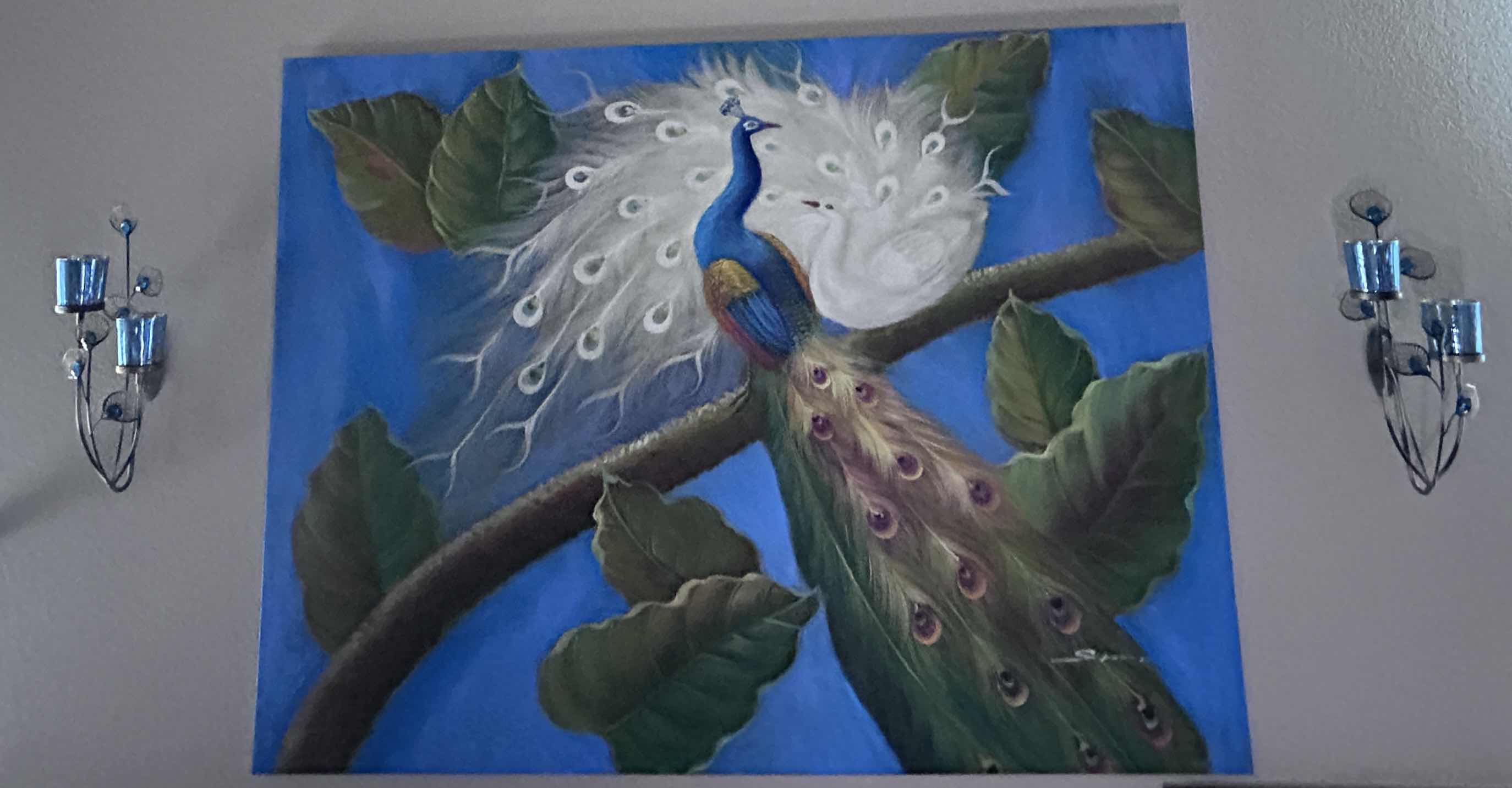 Photo 1 of UNFRAMED, OIL ON CANVAS “PEACOCK” SIGNED ARTWORK 4’ X 3’
AND TWO WALL CANDLE HOLDERS