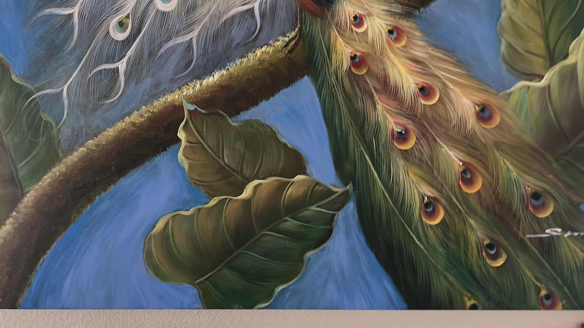 Photo 1 of UNFRAMED, OIL ON CANVAS “PEACOCK” SIGNED ARTWORK 4’ X 3’
AND TWO WALL CANDLE HOLDERS