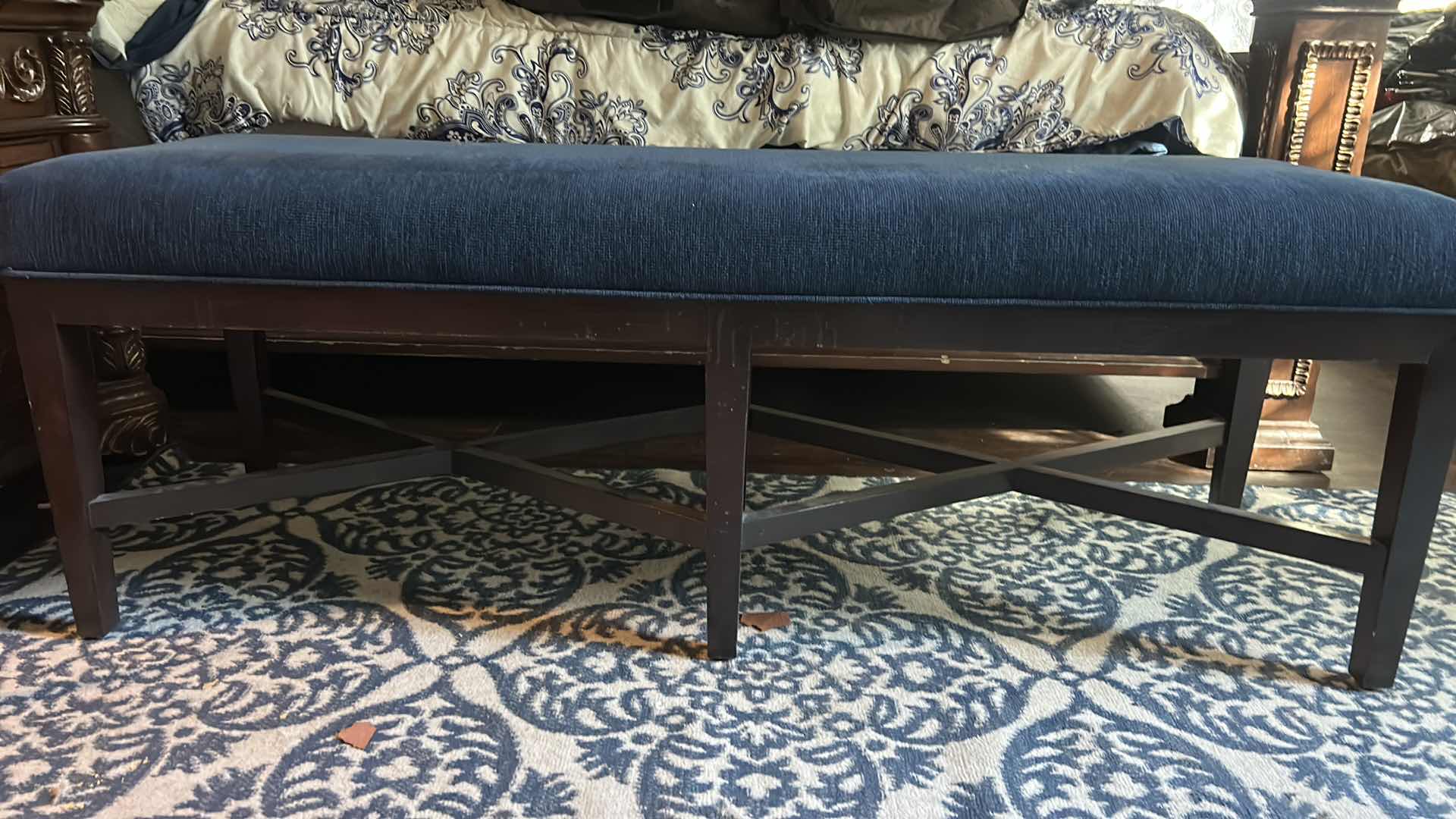 Photo 1 of SOLID WOOD BENCH WITH NAVY FABRIC UPHOLSTERY 5’ x 18 1/2” 1/2“ x H21 1/2“