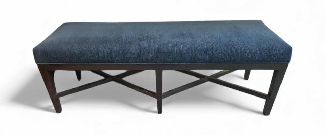 Photo 1 of SOLID WOOD BENCH WITH NAVY FABRIC UPHOLSTERY 5’ x 18 1/2” 1/2“ x H21 1/2“