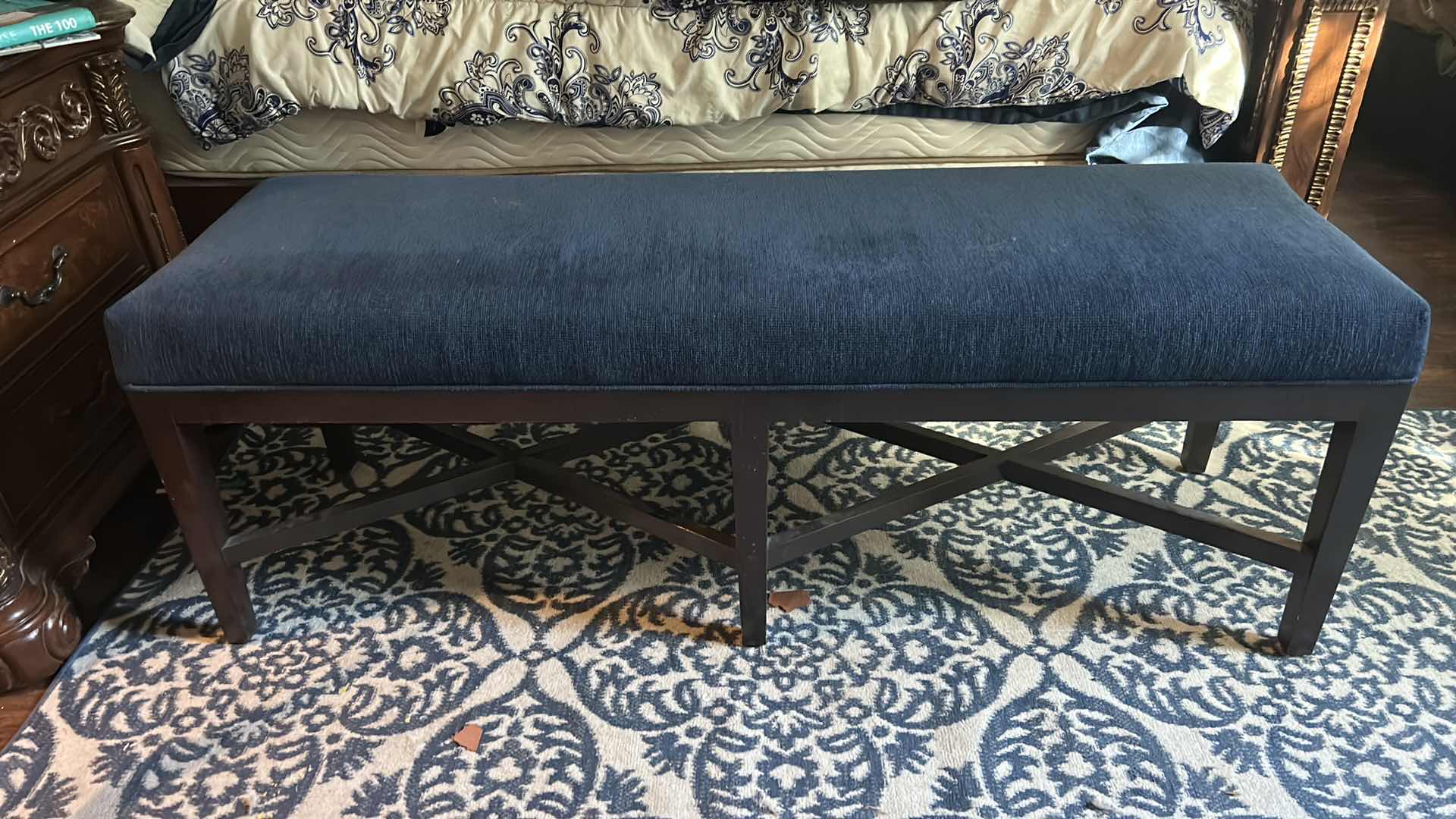 Photo 1 of SOLID WOOD BENCH WITH NAVY FABRIC UPHOLSTERY 5’ x 18 1/2” 1/2“ x H21 1/2“