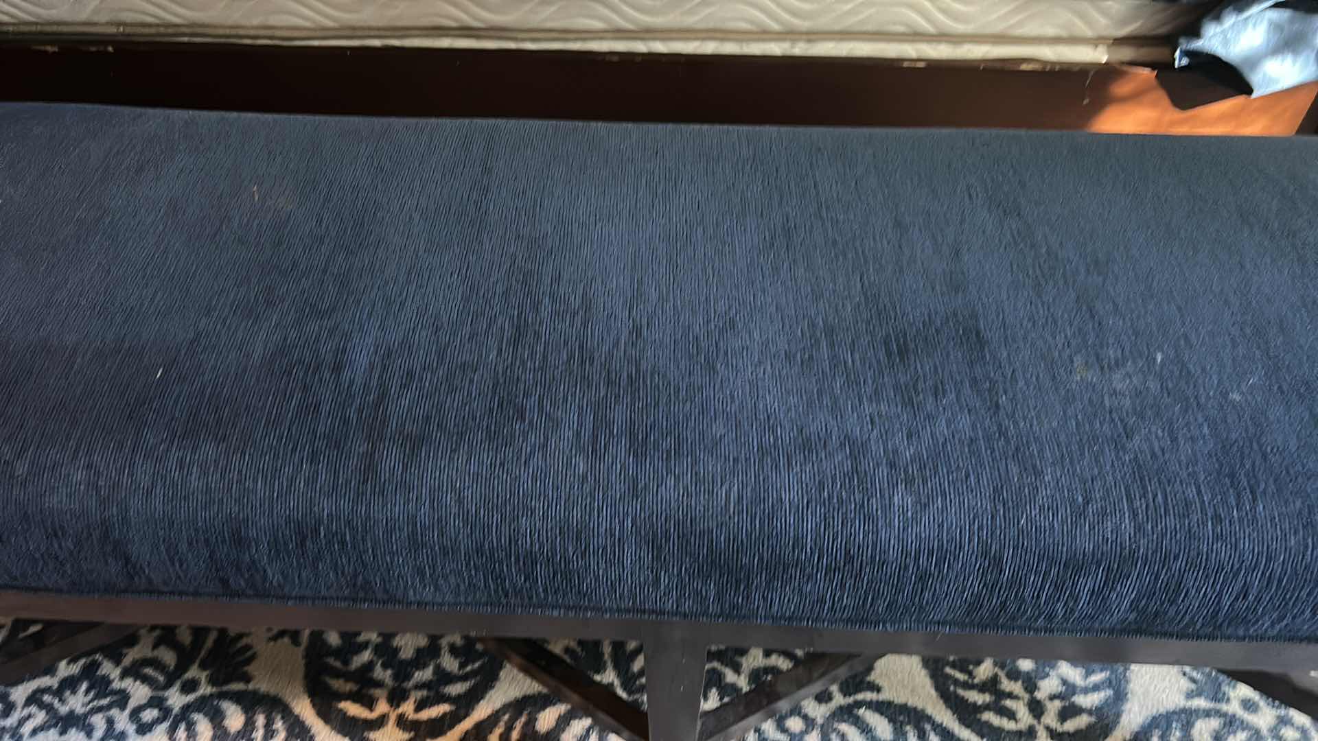 Photo 1 of SOLID WOOD BENCH WITH NAVY FABRIC UPHOLSTERY 5’ x 18 1/2” 1/2“ x H21 1/2“