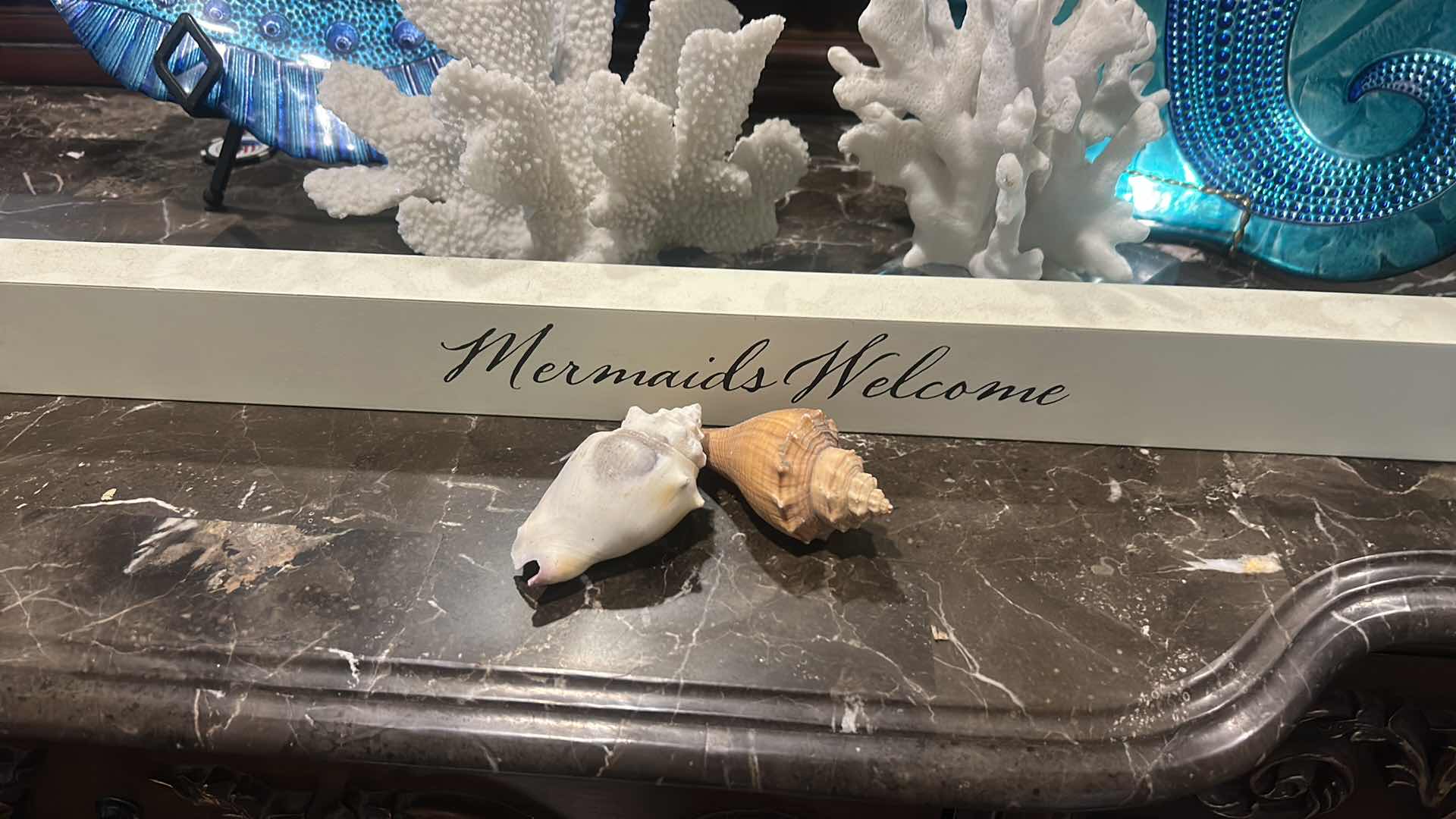 Photo 1 of OCEAN THEMED DECOR GLASS PLATES/BOWLS (FISH 15.25”) CORAL, SHELLS AND WOOD MERMAID SIGN