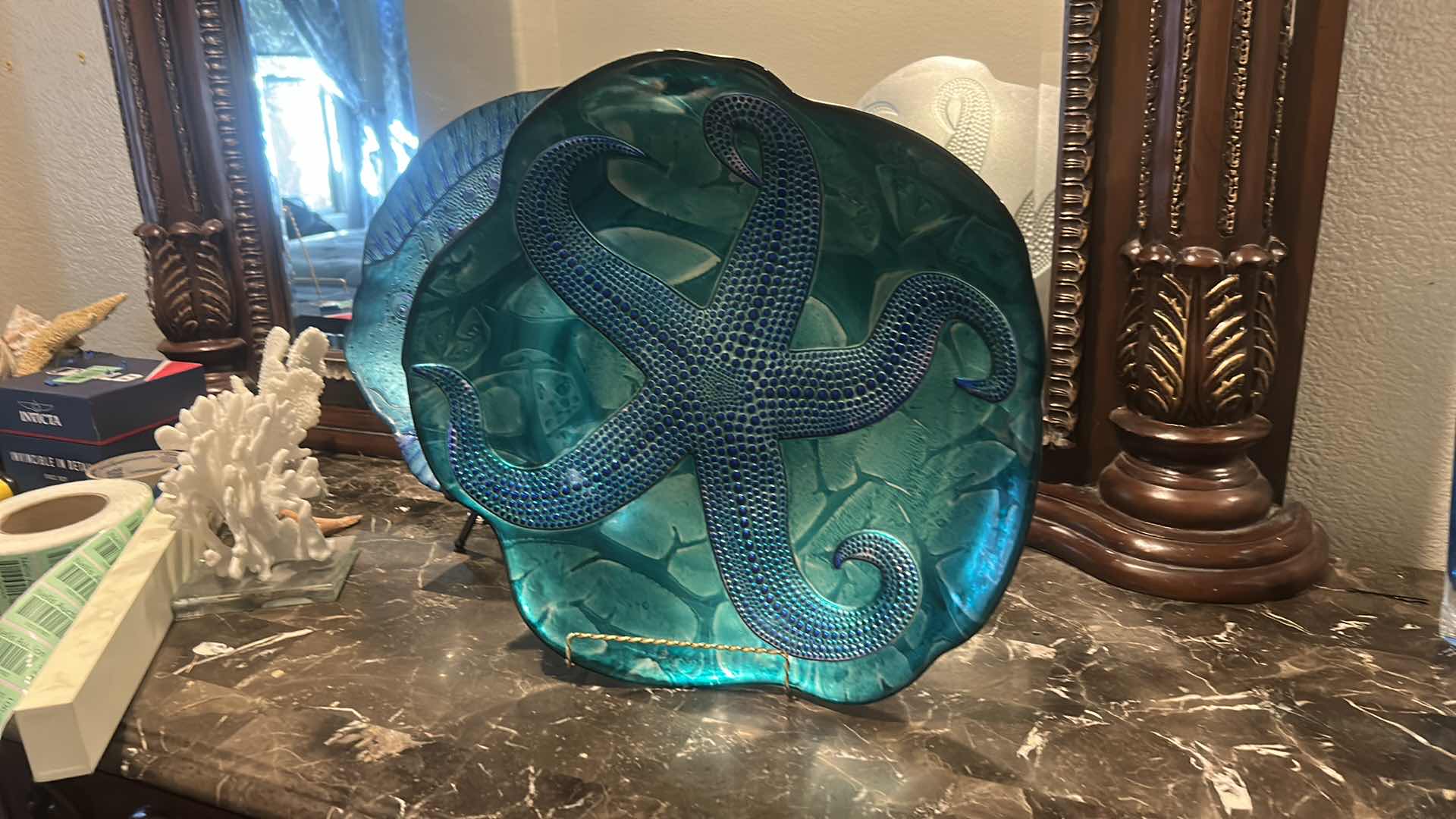 Photo 1 of OCEAN THEMED DECOR GLASS PLATES/BOWLS (FISH 15.25”) CORAL, SHELLS AND WOOD MERMAID SIGN